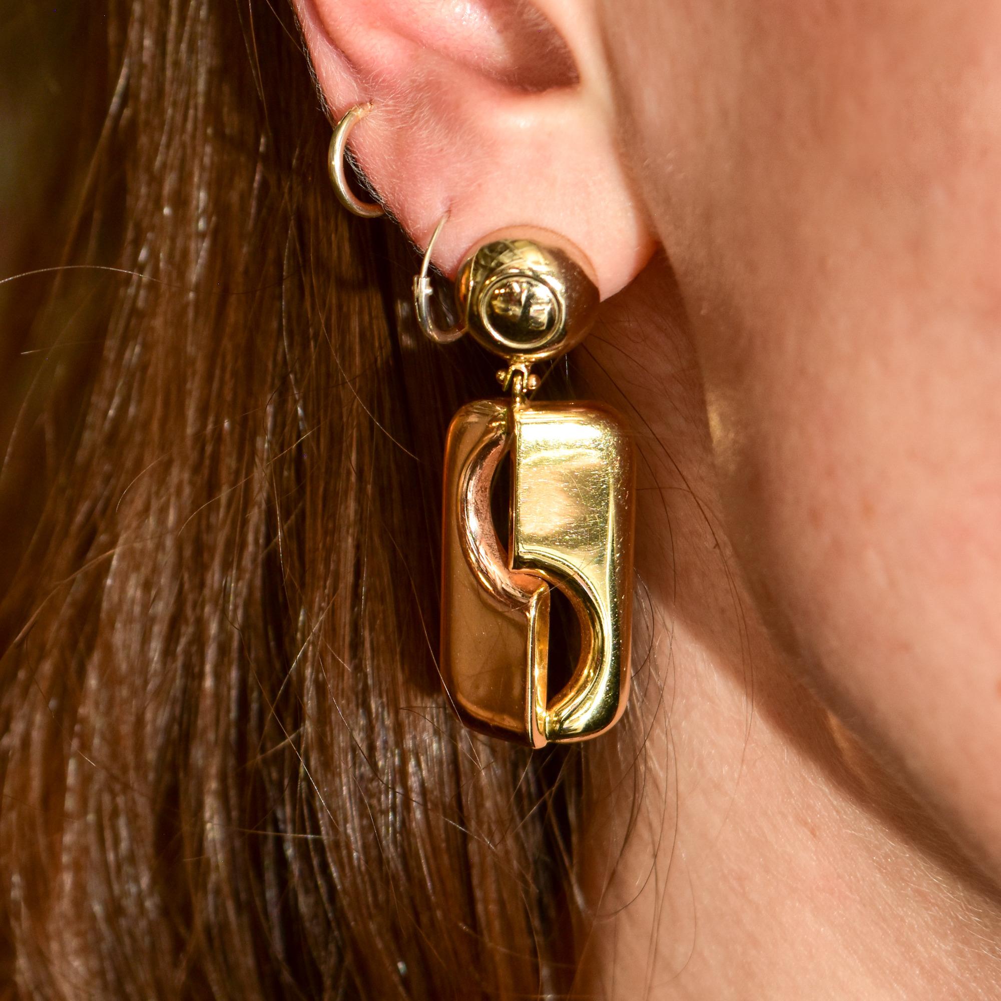 Modernist Italian 14k Yellow Gold Omega Back Dangle Drop Earrings For Sale 5