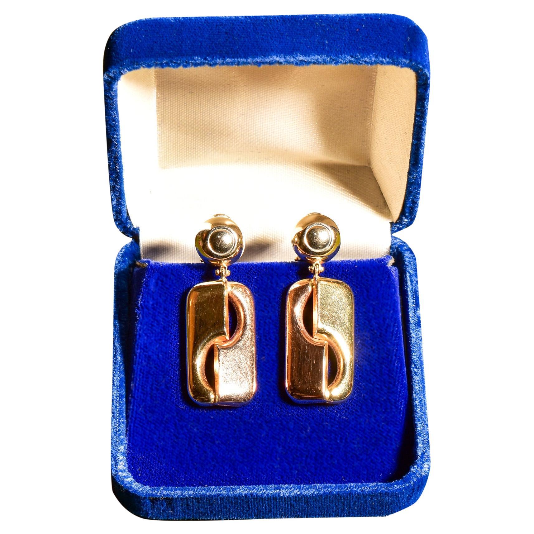 Modernist Italian 14k Yellow Gold Omega Back Dangle Drop Earrings For Sale
