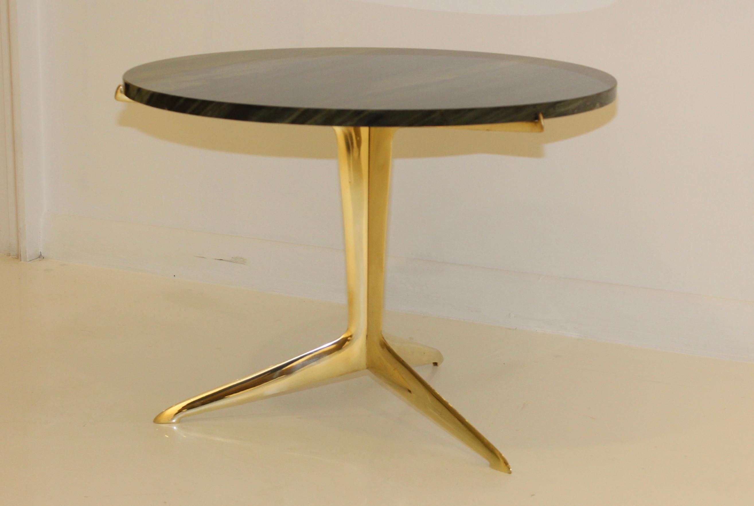Modernist Italian solid brass with rare marble top tripod side table, number 5 of a limited edition of 6.