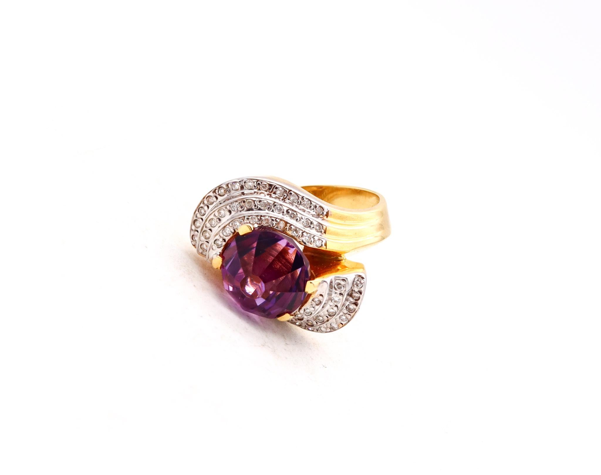 Modernist Italian Bypass Cocktail Ring 18k Gold 7.31ctw Amethyst and Diamonds 2