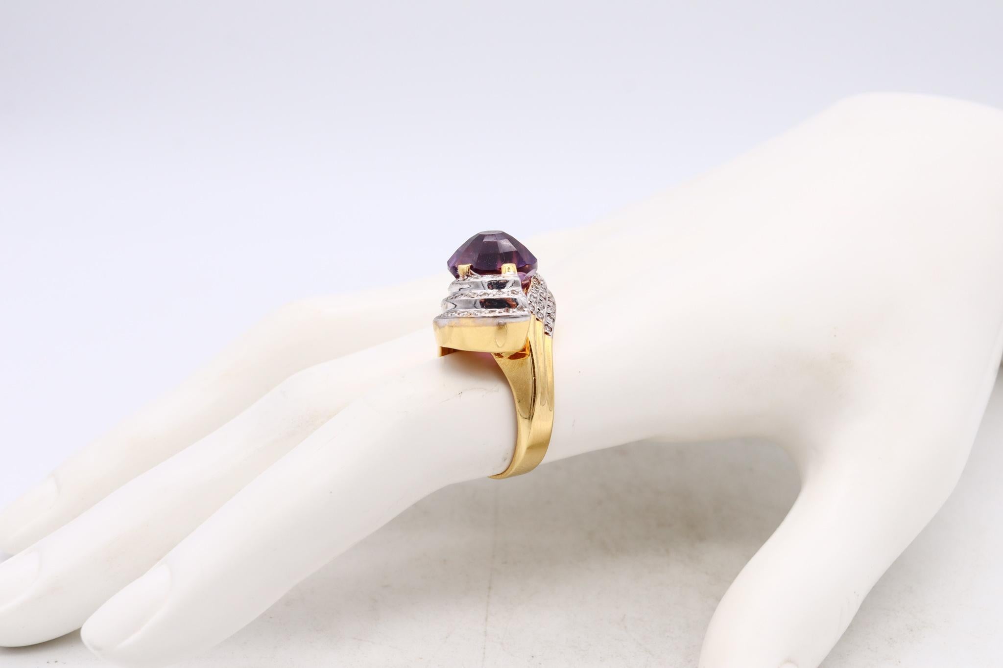 Brilliant Cut Modernist Italian Bypass Cocktail Ring 18k Gold 7.31ctw Amethyst and Diamonds