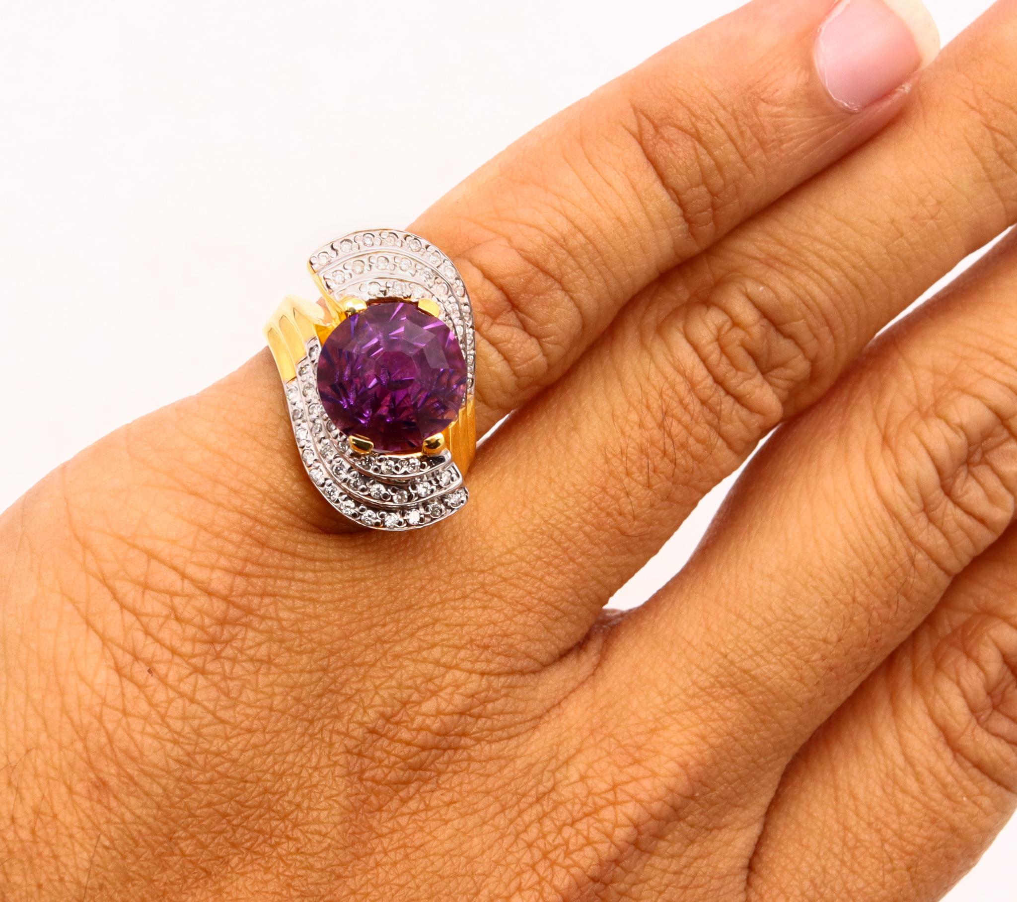 Women's Modernist Italian Bypass Cocktail Ring 18k Gold 7.31ctw Amethyst and Diamonds