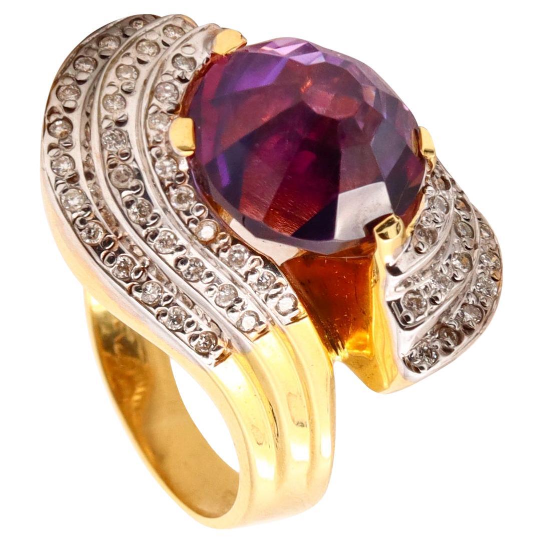 Modernist Italian Bypass Cocktail Ring 18k Gold 7.31ctw Amethyst and Diamonds
