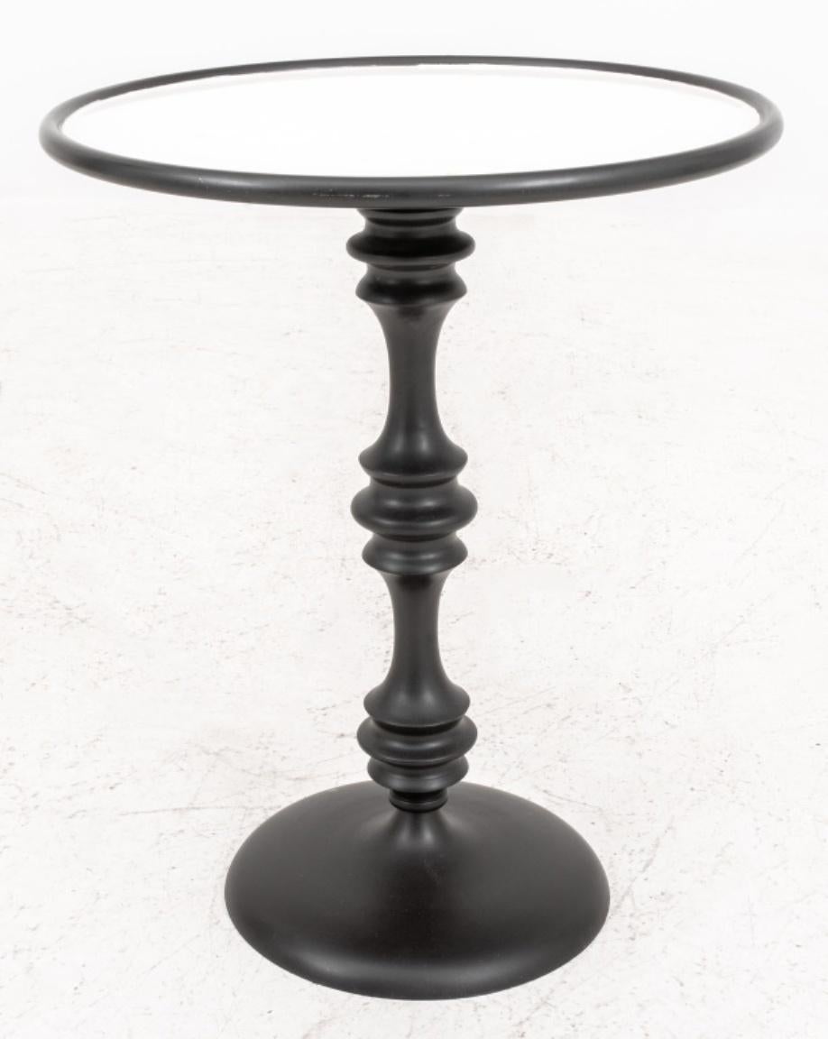 Modernist Italian metal end table with round ceramic top above turned metal support on round base. 22