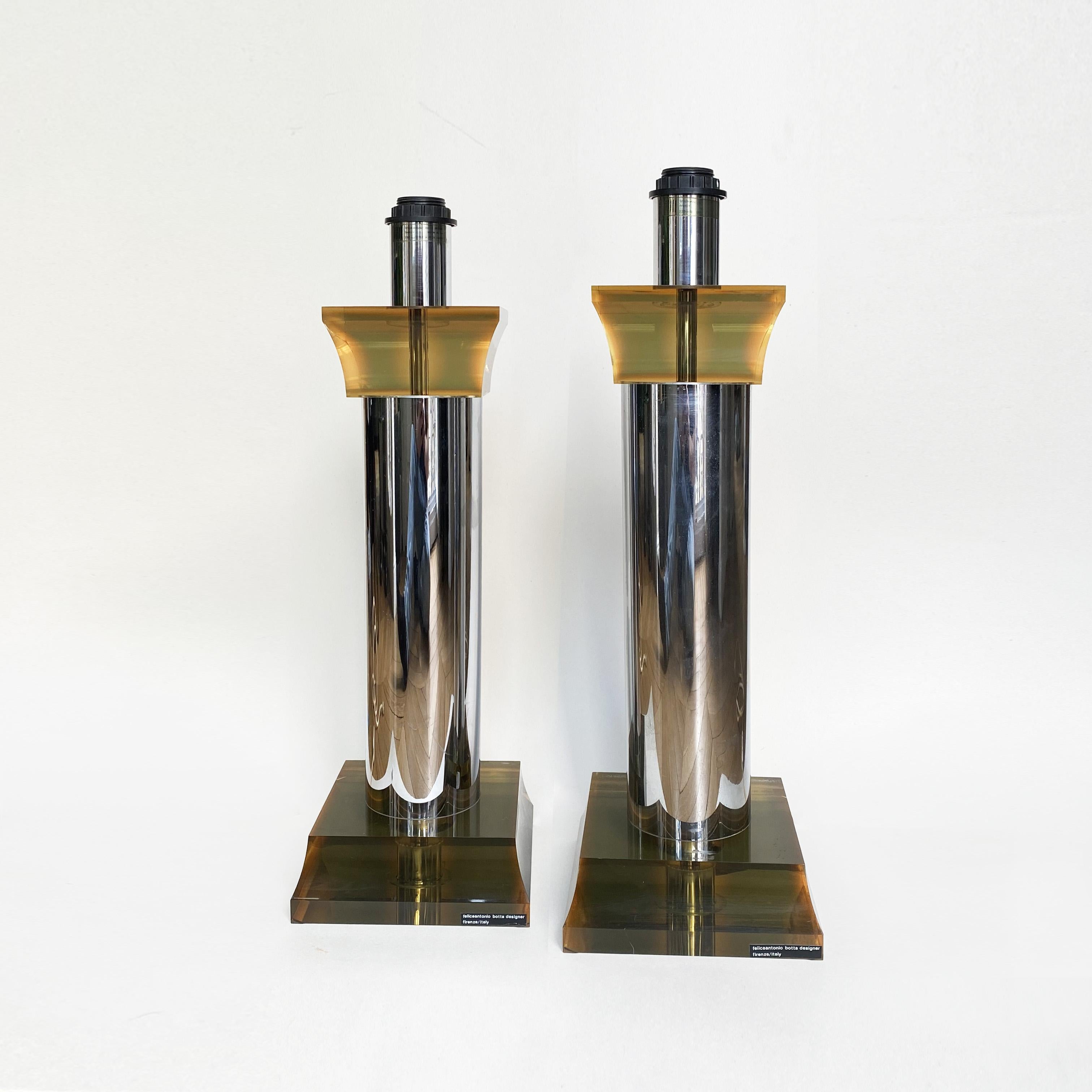 Modernist Italian Chrome & Lucite Lamp by Felice Antonio Botta, 1970s, set of 2. 

Total height: 60 cm
