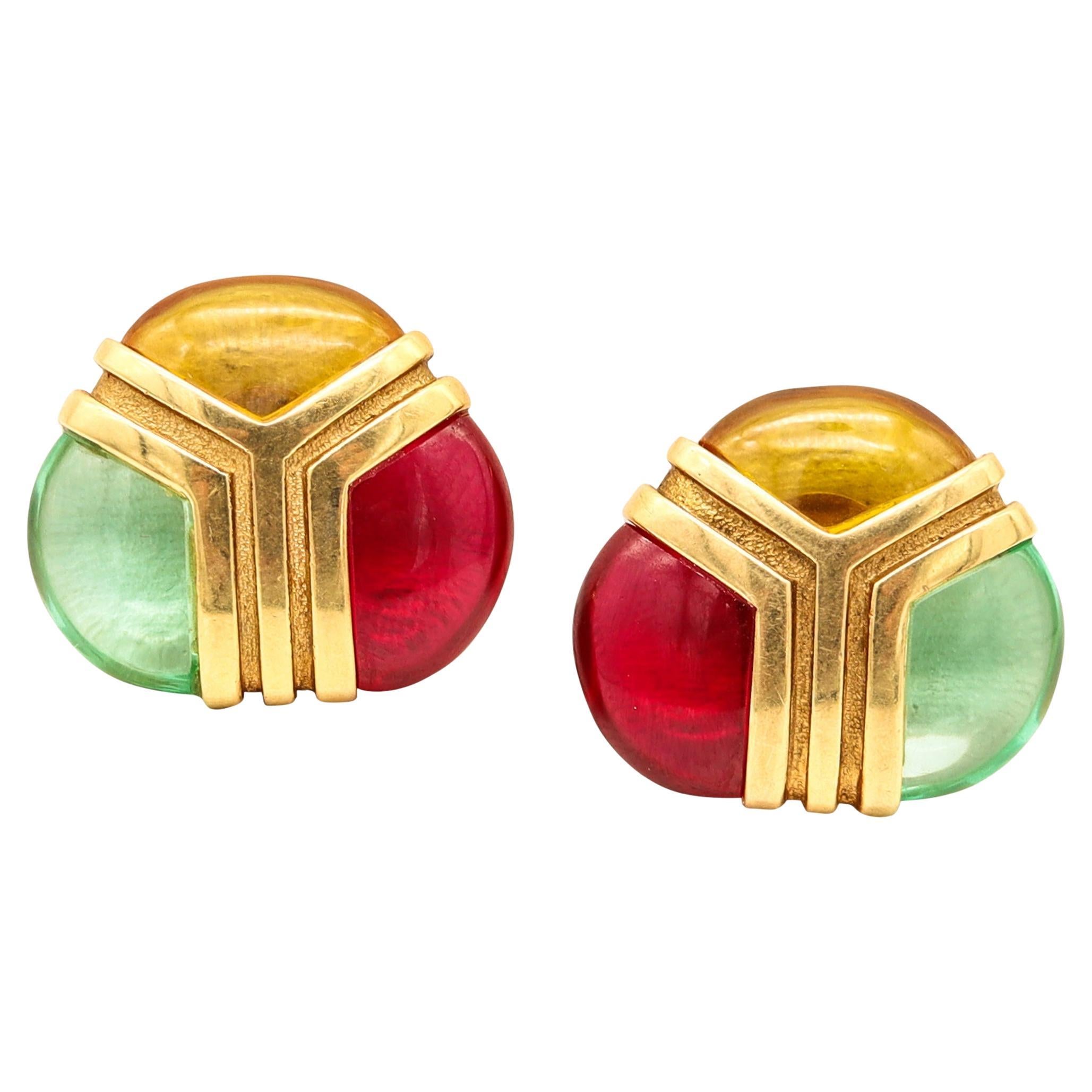 MODERNIST Italian Clips Earrings In Solid 18Kt Yellow Gold With Color Gemstones