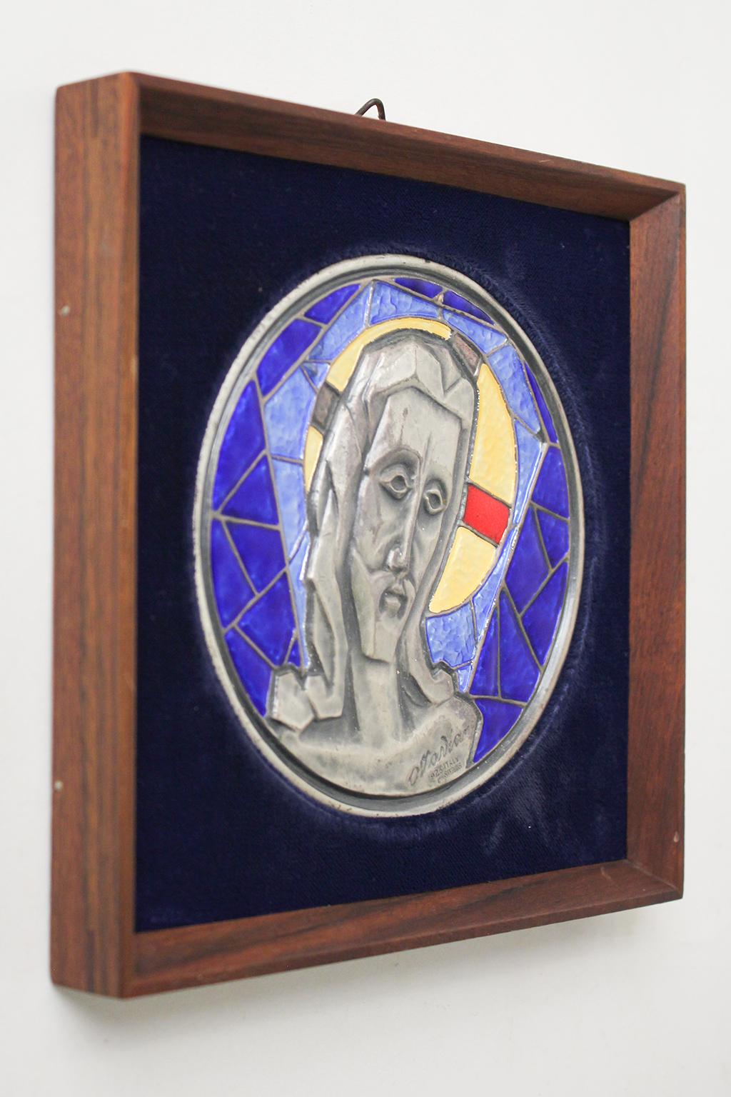 Beautiful modernist Italian sterling silver and enamel wall plaque done by Giovani Ottaviani and dates from the 1950s-1960s. Plaque is made of .925 sterling silver and has a great cubist enamel design of Jesus. The enamel design was made to look