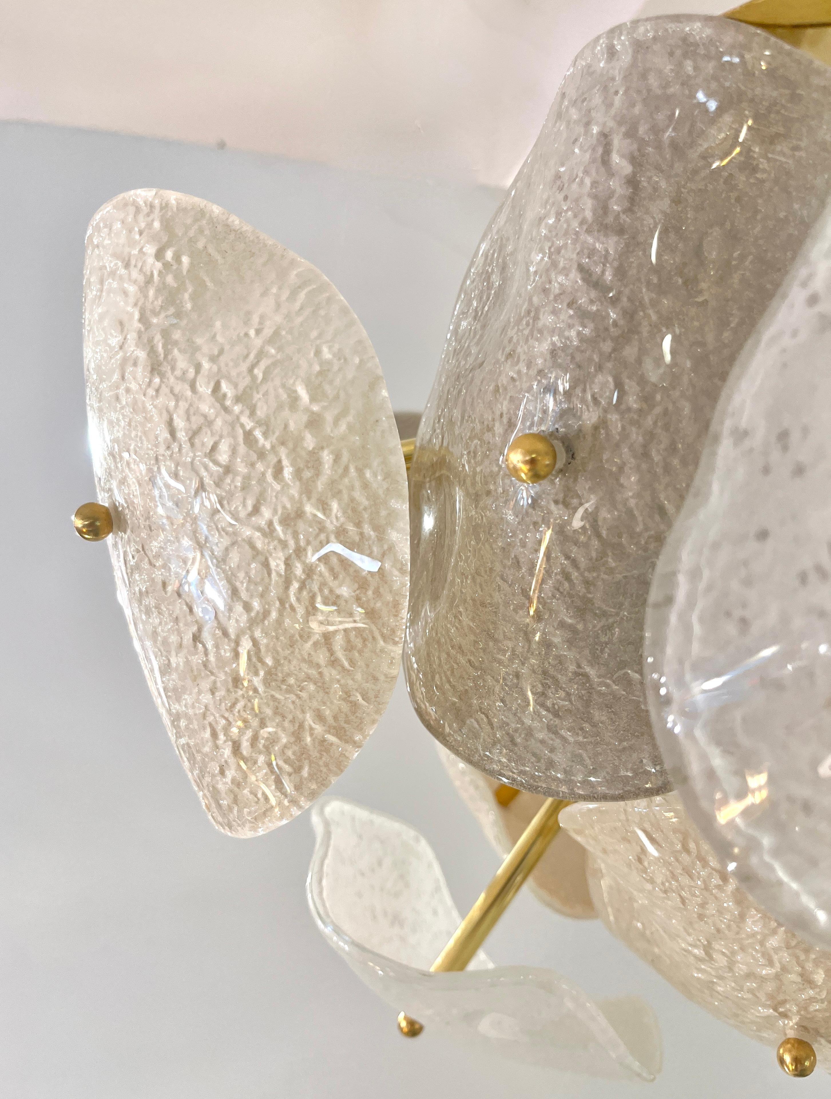 Frosted Modernist Italian Gray White Light Beige Murano Glass Leaf Sputnik Flush Mount For Sale