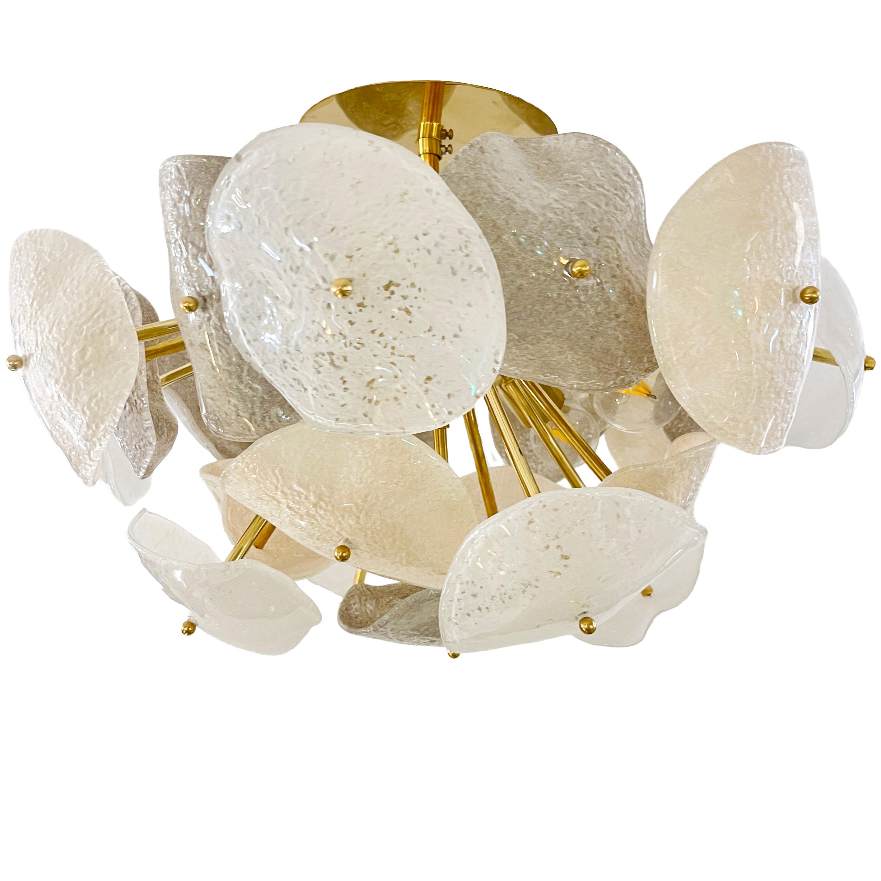 Modernist Italian Gray White Light Beige Murano Glass Leaf Sputnik Flush Mount In New Condition For Sale In New York, NY