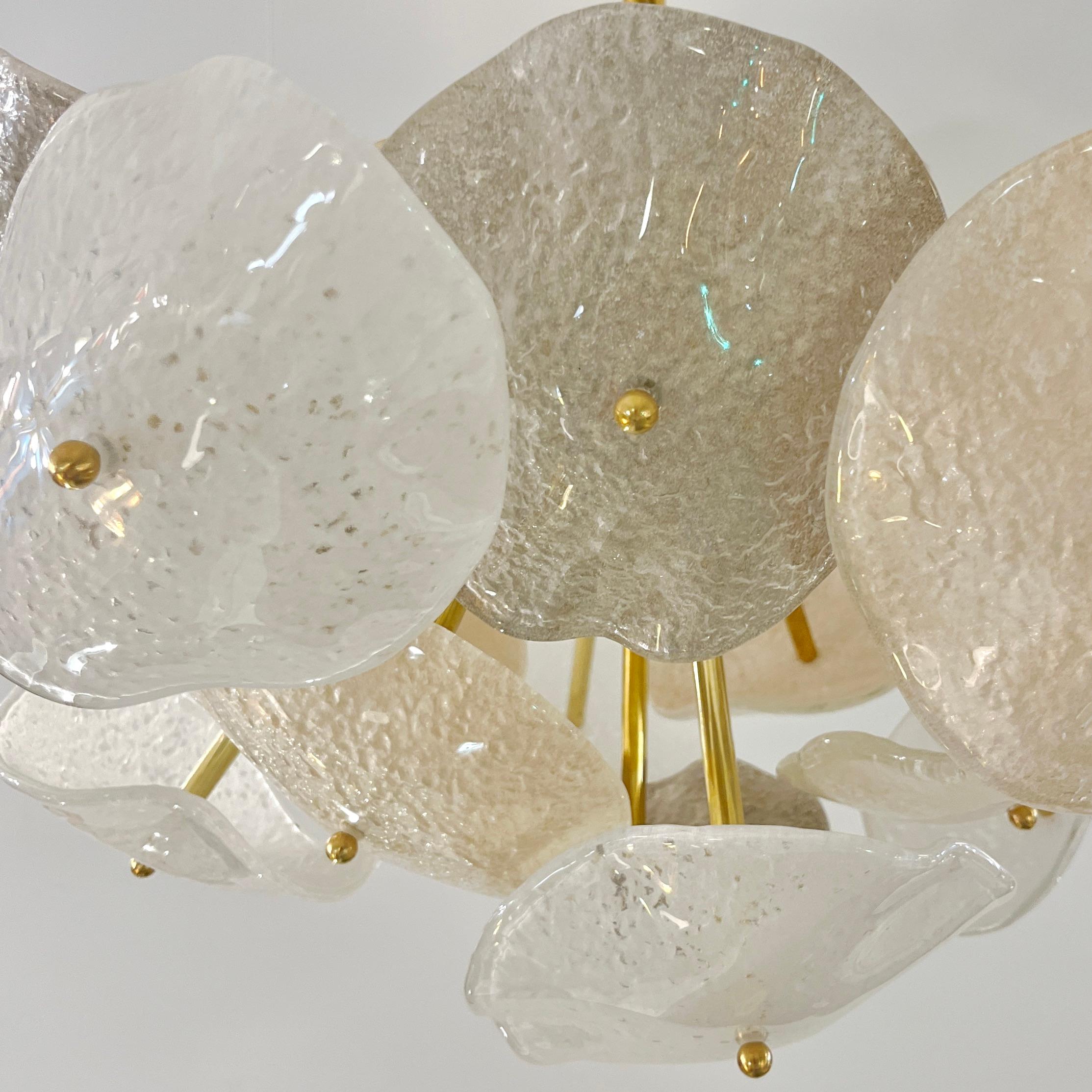 Contemporary Modernist Italian Gray White Light Beige Murano Glass Leaf Sputnik Flush Mount For Sale
