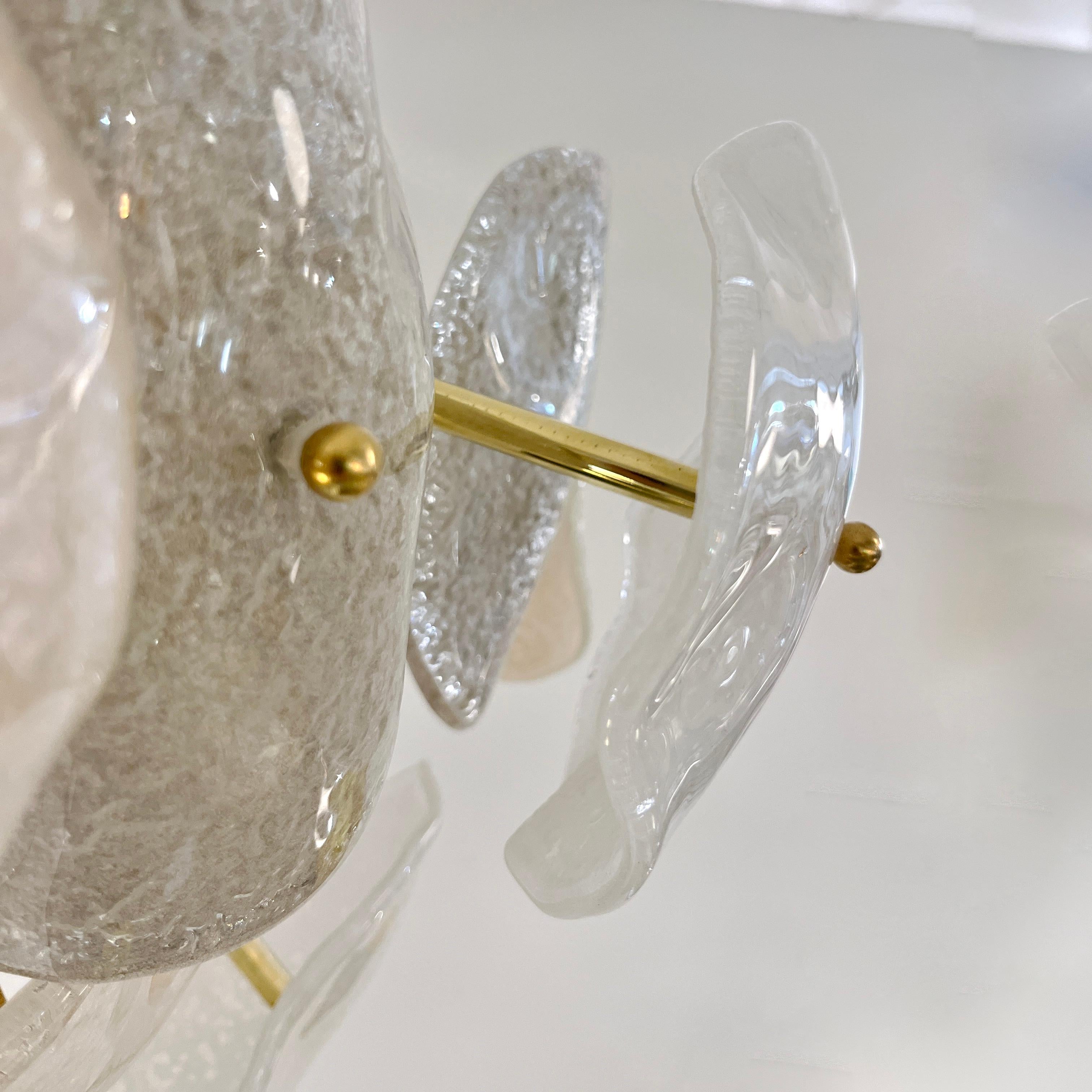 Brass Modernist Italian Gray White Light Beige Murano Glass Leaf Sputnik Flush Mount For Sale