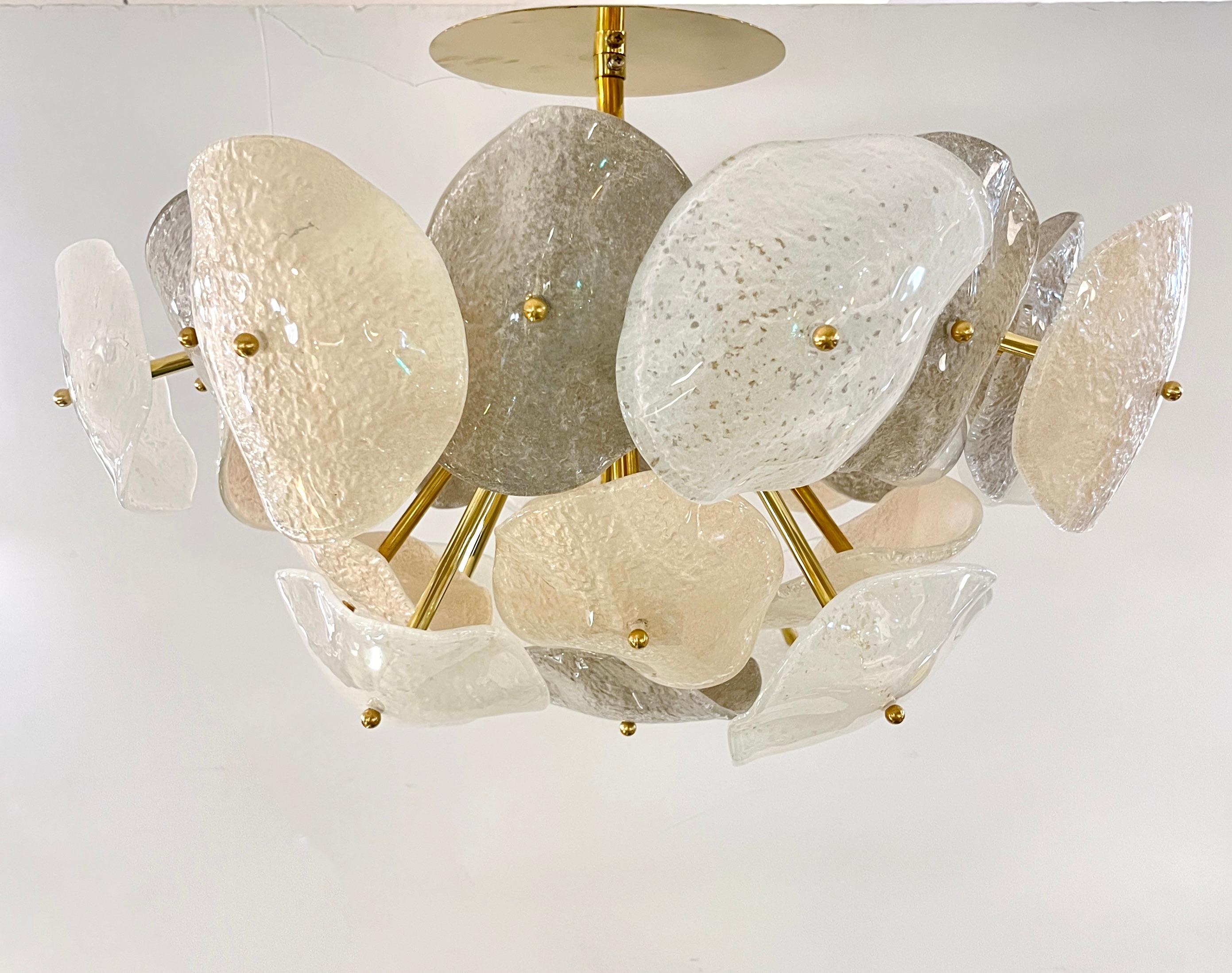 Modernist Italian Gray White Light Beige Murano Glass Leaf Sputnik Flush Mount For Sale 2
