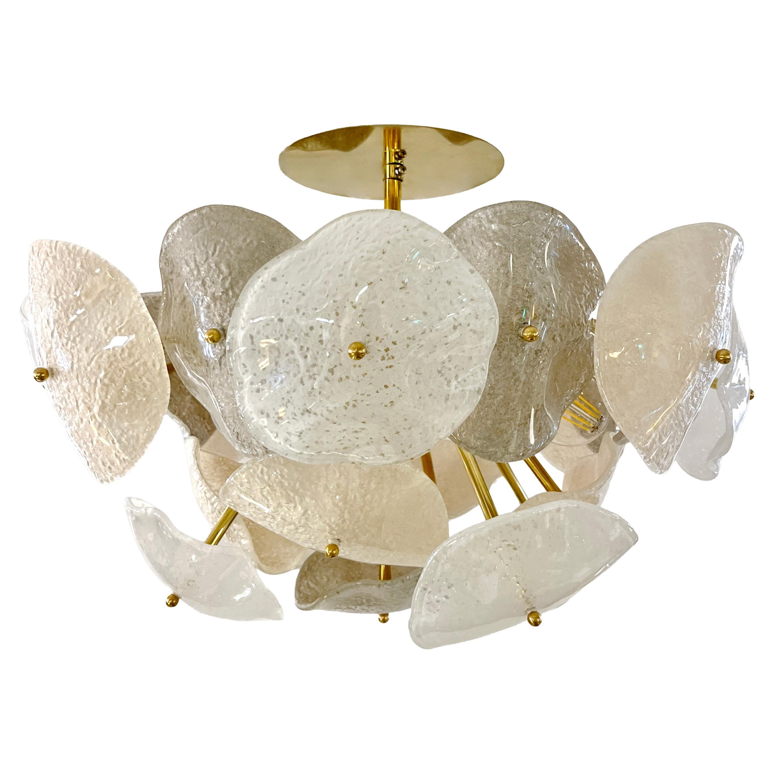 Monture encastrée moderne italienne gris blanc beige clair en verre de Murano avec feuilles Sputnik