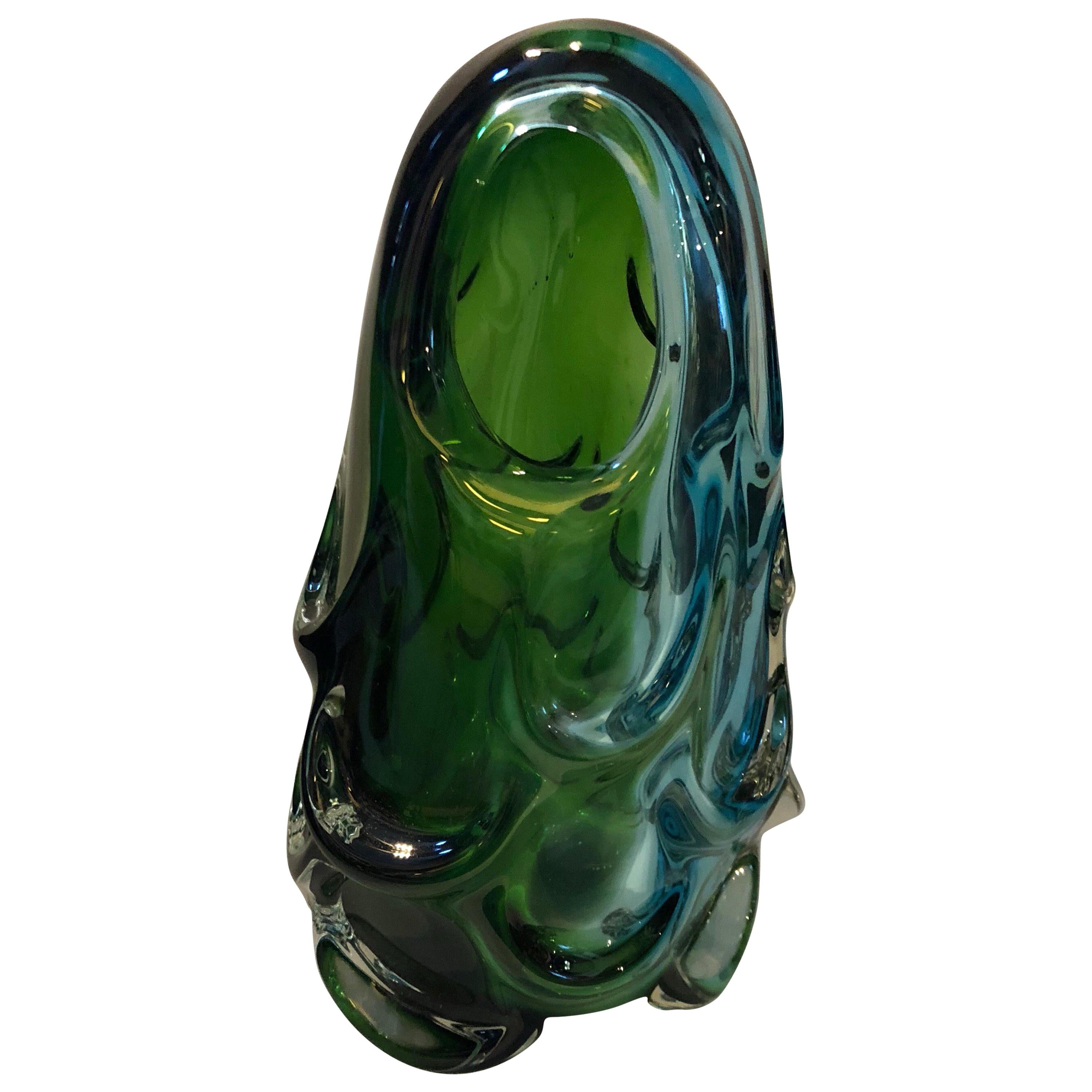 Modernist Italian Green Sommerso Murano Glass Vase circa 1960
