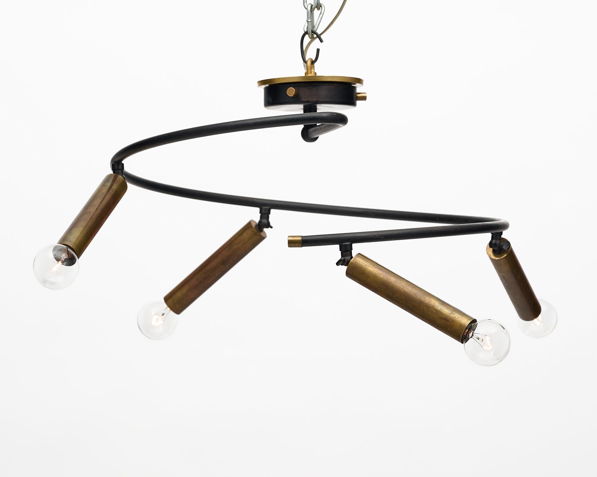 Ceiling fixture, Italian, by Giampiero Aloi for Lumi Production made of lacquered metal and gilded brass, circa 1960, Italy.