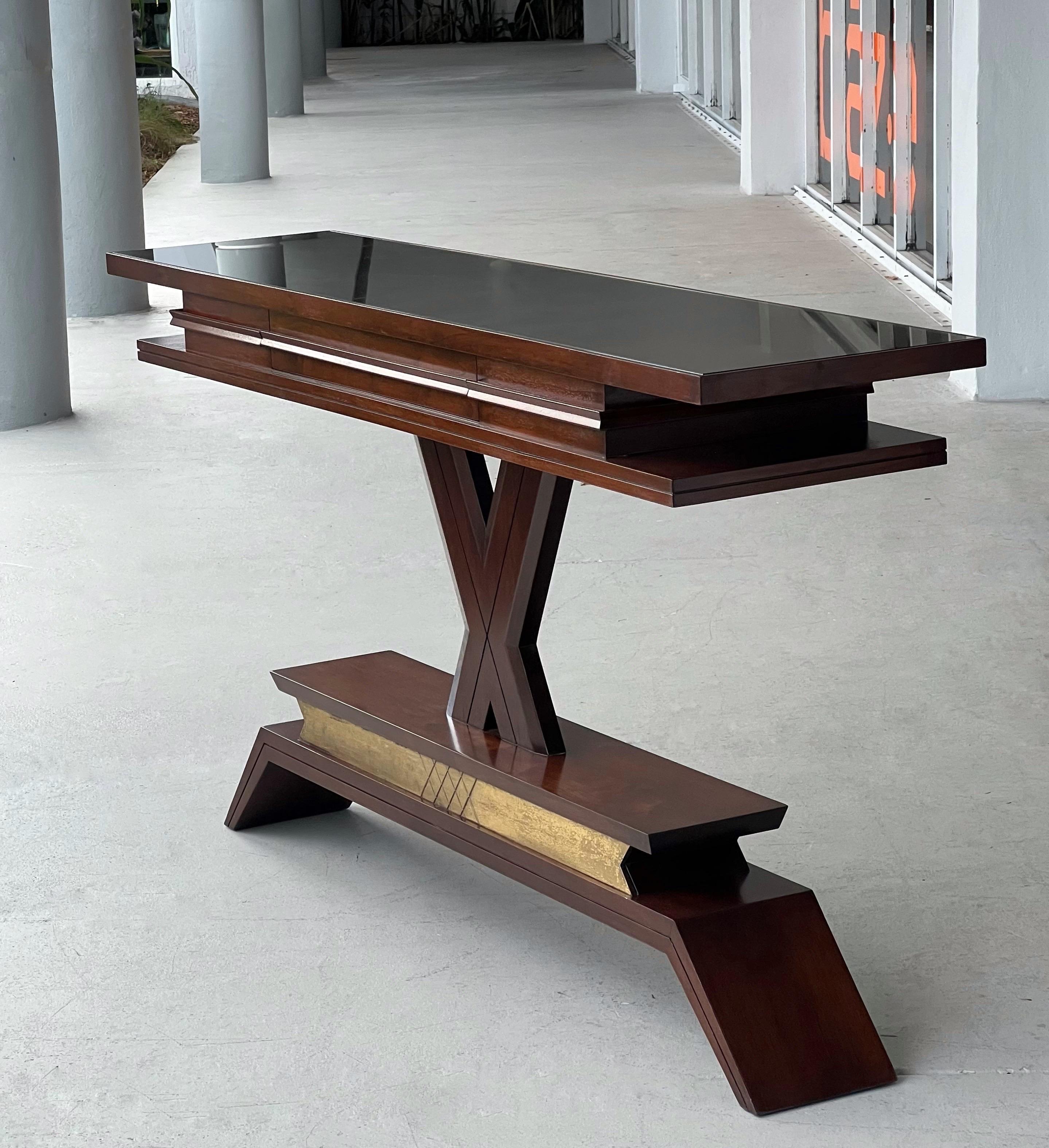 Modernist Italian Mahogany Brass X base Console Table Bronze Mirror Top For Sale 1