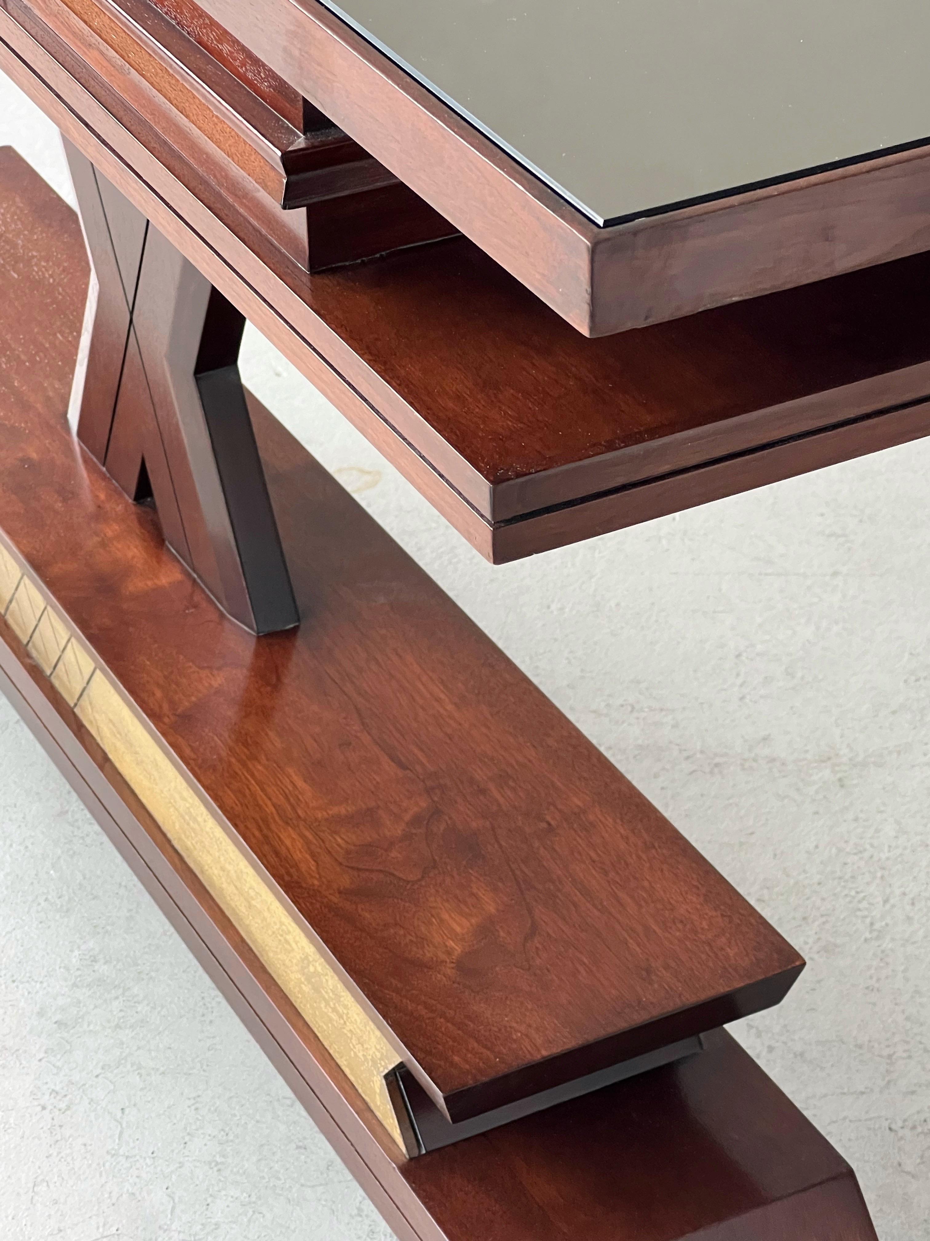 Modernist Italian Mahogany Brass X base Console Table Bronze Mirror Top For Sale 2
