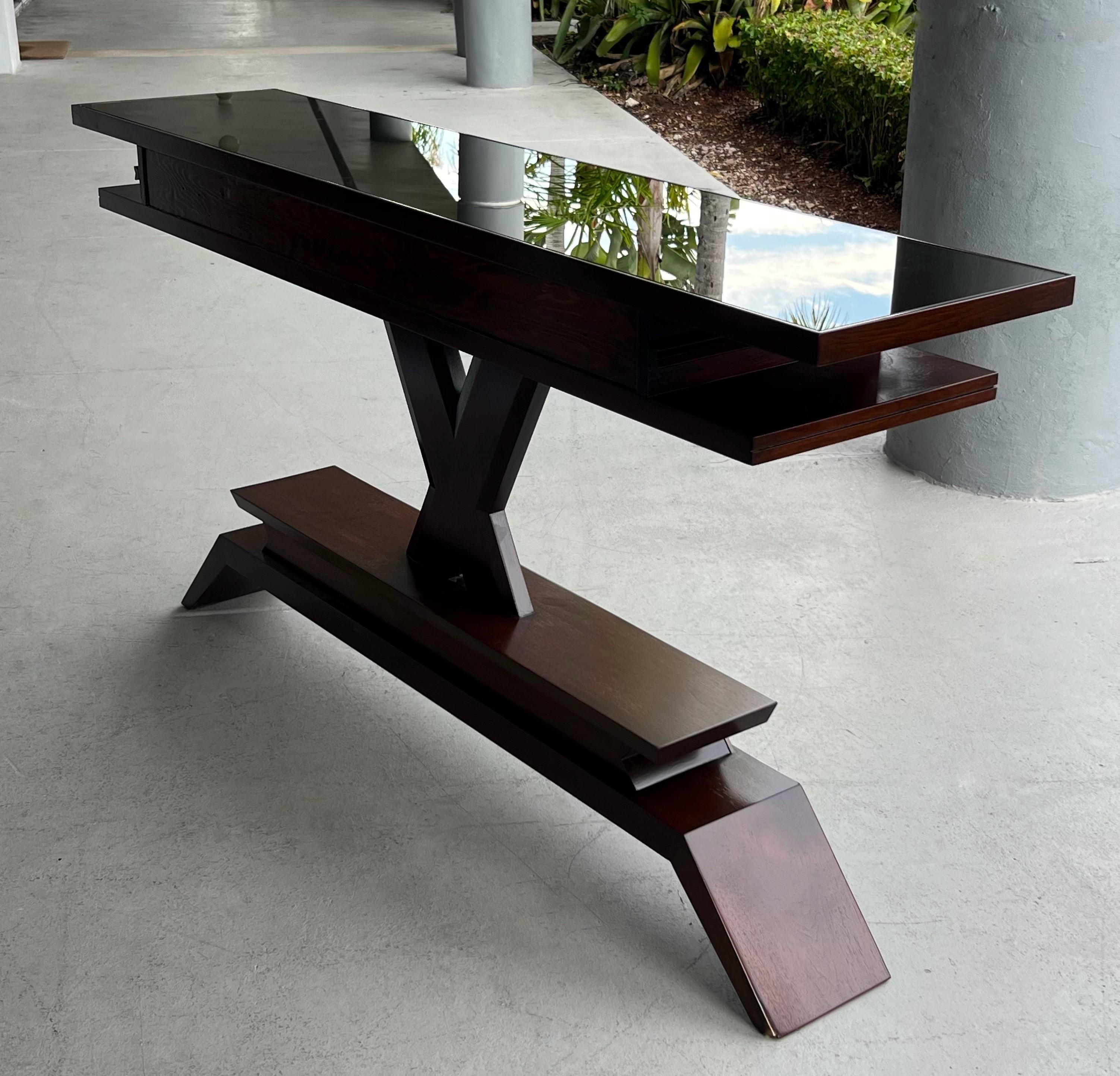 Modernist Italian Mahogany Brass X base Console Table Bronze Mirror Top For Sale 3