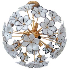 Modernist Italian Murano Flower Bouquet Art Glass Gilt Brass Sputnik Chandelier