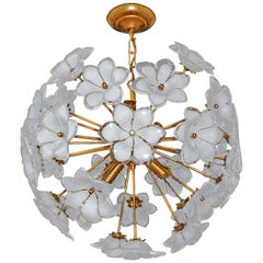 Modernist Italian Murano Flower Bouquet Art Glass Gilt Brass Sputnik Chandelier