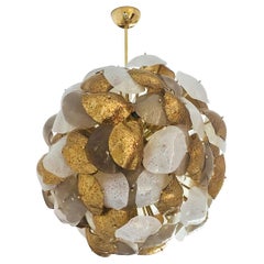 Modernist Italian Murano Glass Silver White 24-Carat Gold Leaf Round Chandelier