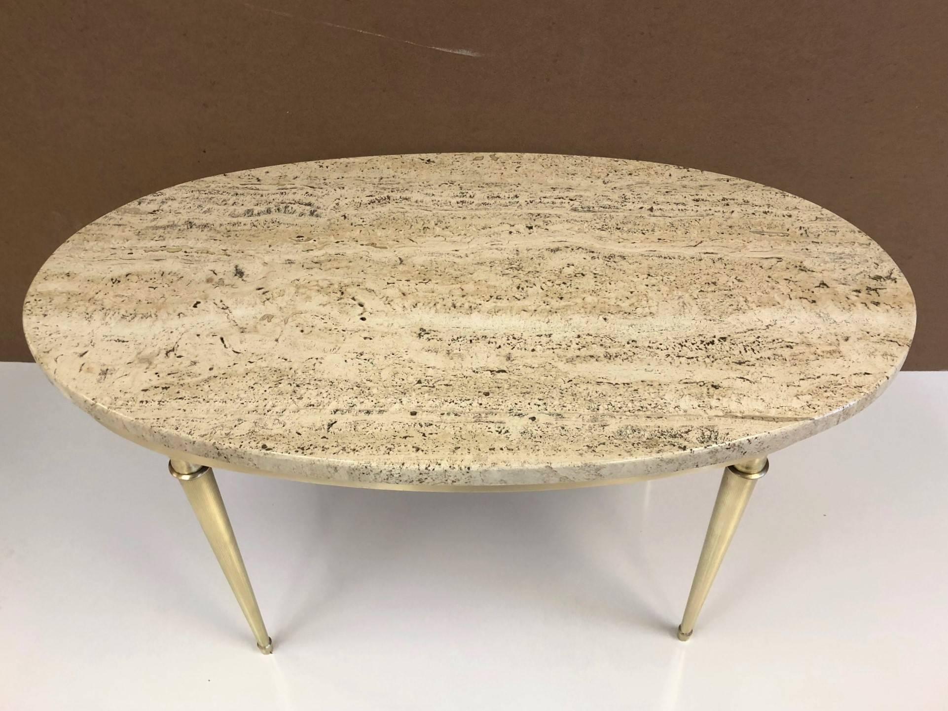 Mid-Century Modern Modernist Italian Travertine and Brass Coffee Table For Sale