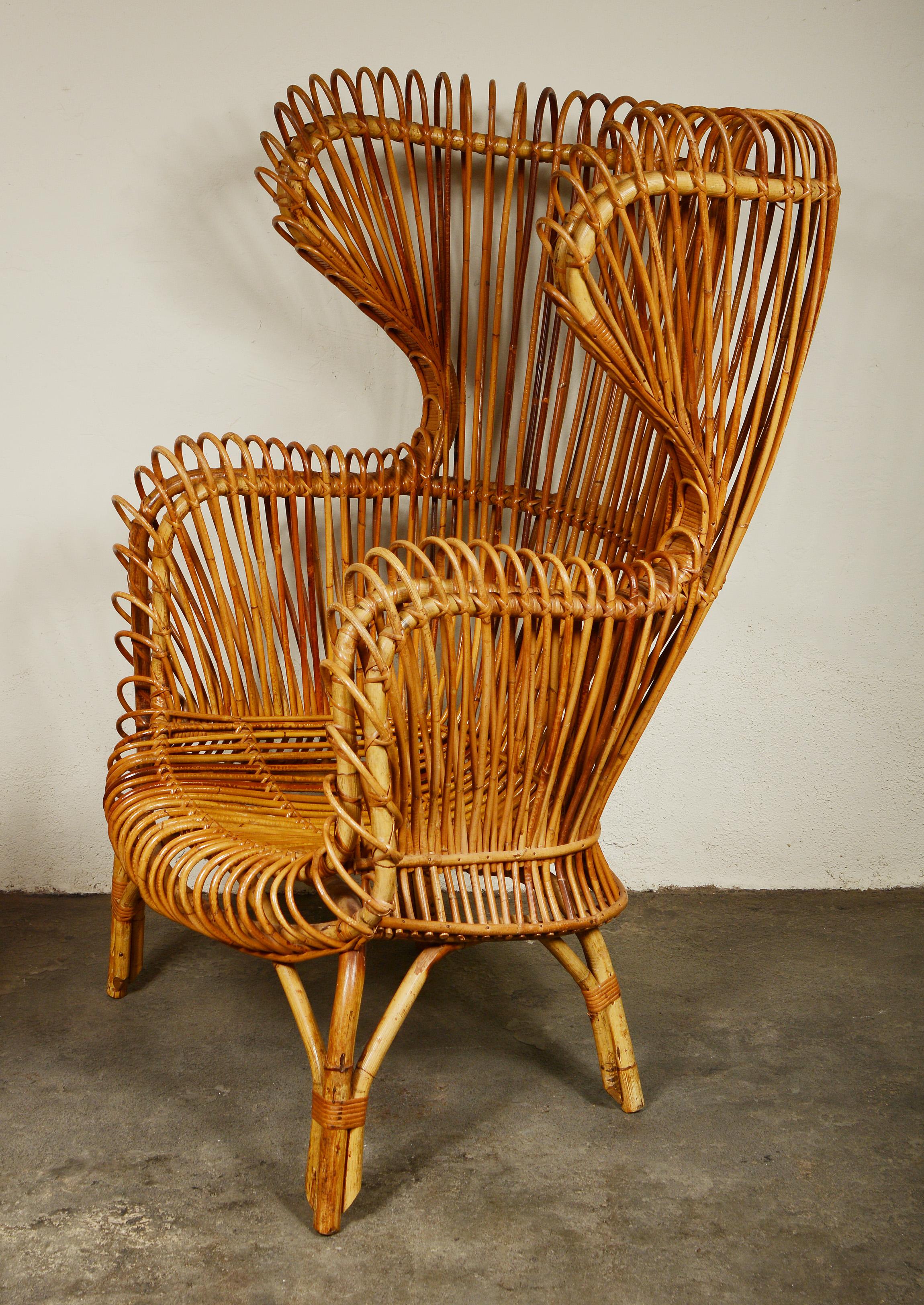 Mid-Century Modern Modernist Italian Wingback Rattan Chair