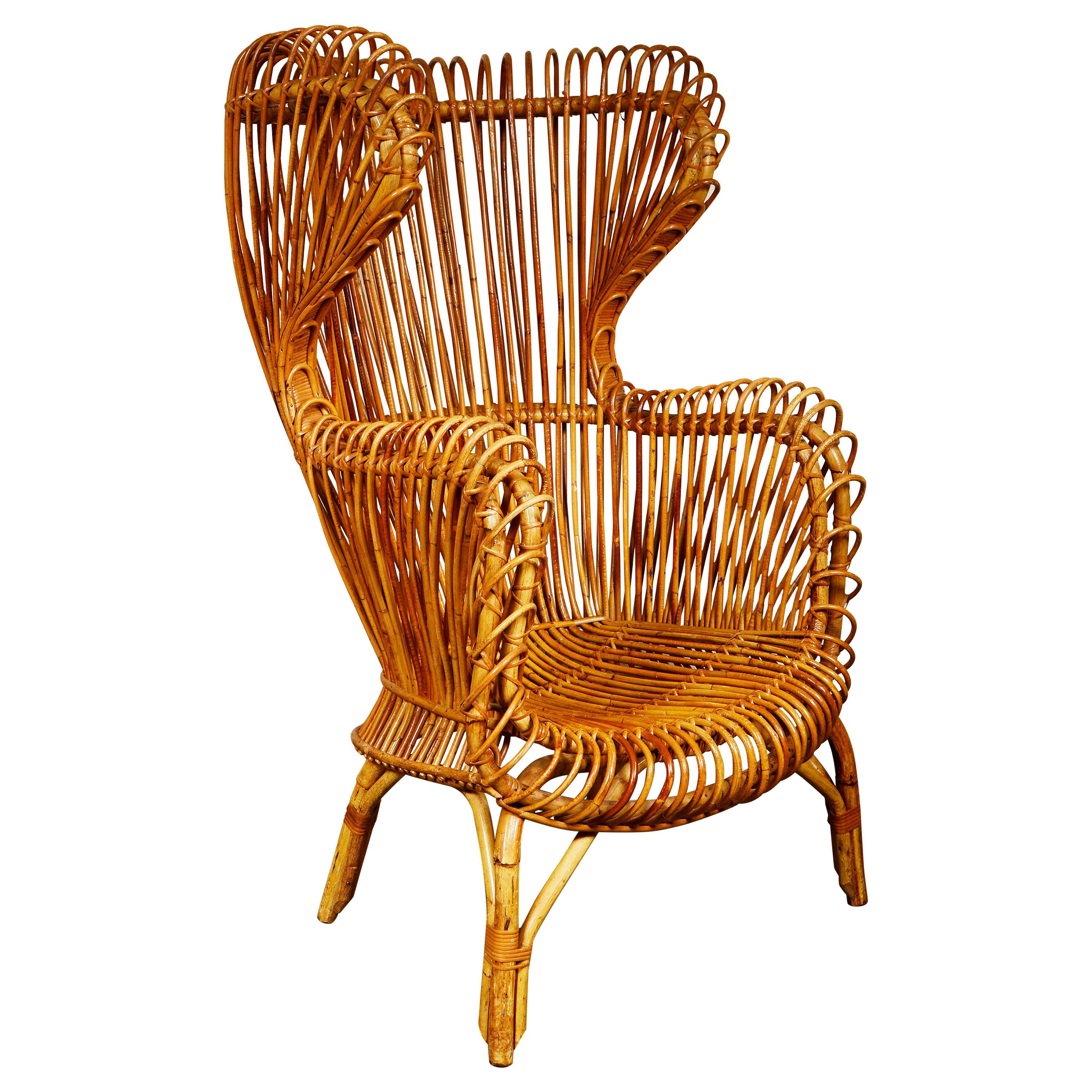 Modernist Italian Wingback Rattan Chair