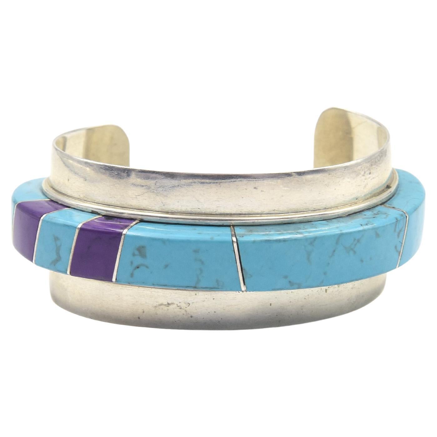 Modernist Jack Woolsey Turquoise & Jasper Sterling Silver Cuff Bracelet For Sale