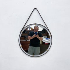 Modernist Jacques Adnet Era Brass Round Wall Mirror Equestrian Leather Frame