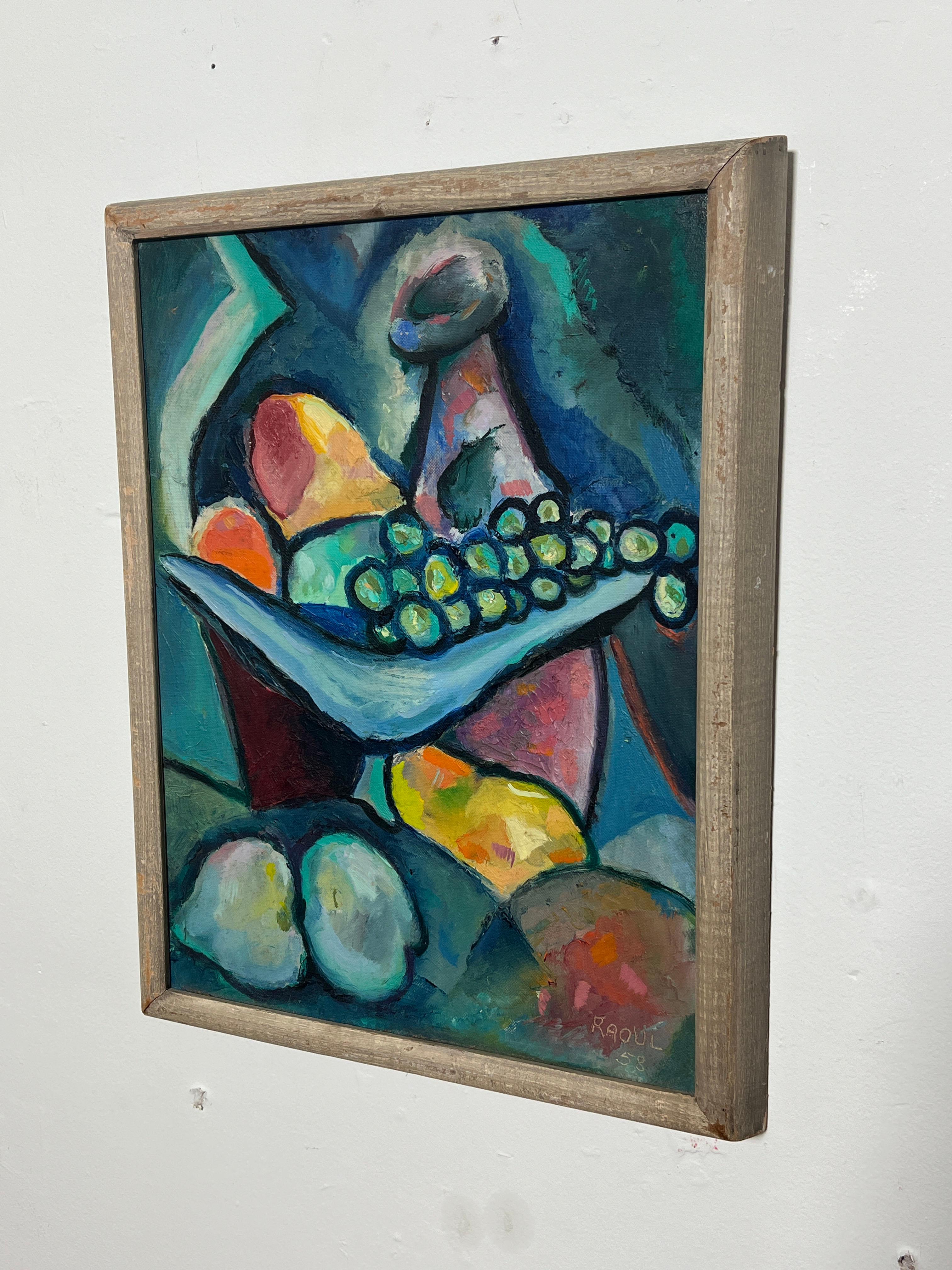 Modernist still life oil on canvas board in stained glass / jewel like tones, signed Raoul and dated 1958.
