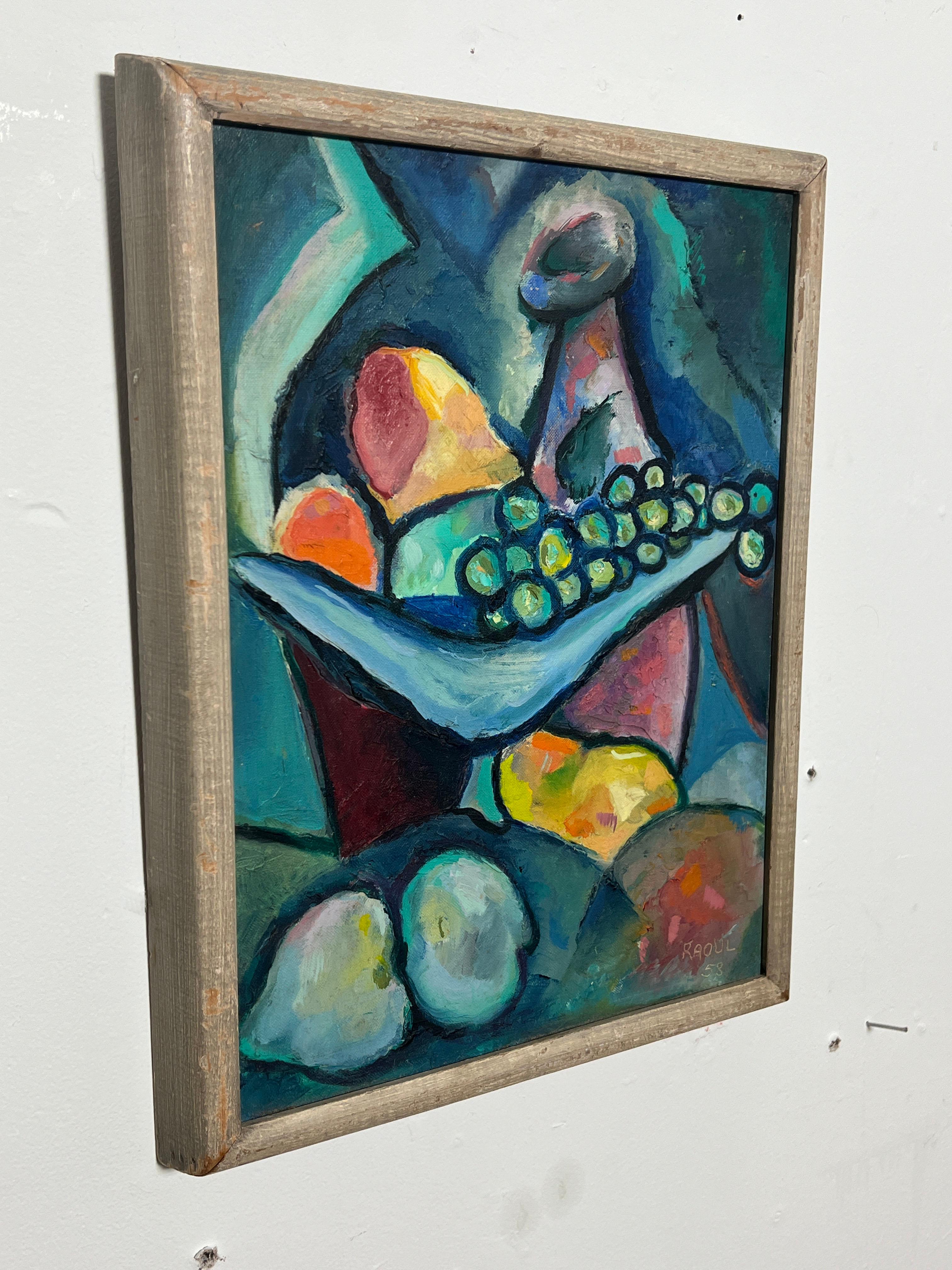 Mid-Century Modern Modernist Jewel Toned Still Life Oil Painting Signed Raoul, d. 1958