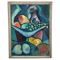 Retro Modernist Jewel Toned Still Life Oil Painting Signed Raoul, d. 1958