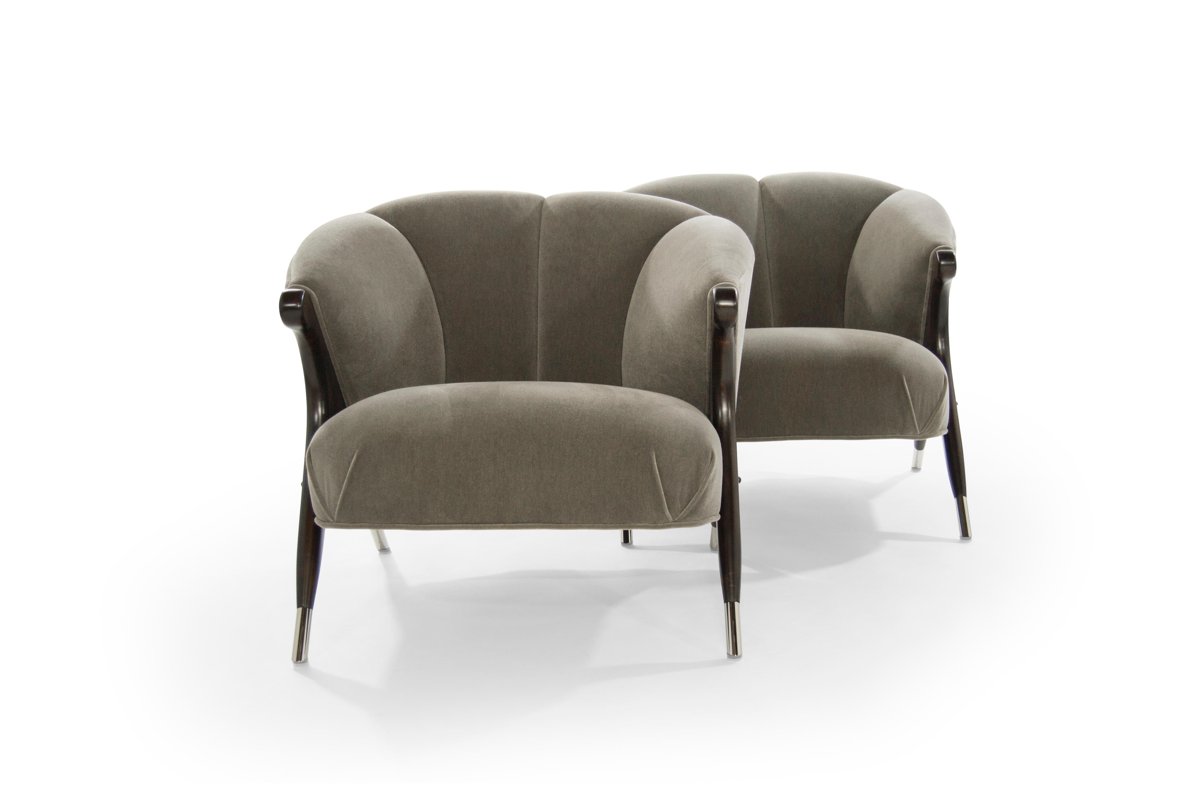 Brass Modernist Karpen Lounge Chairs in Charcoal Mohair, 1950s