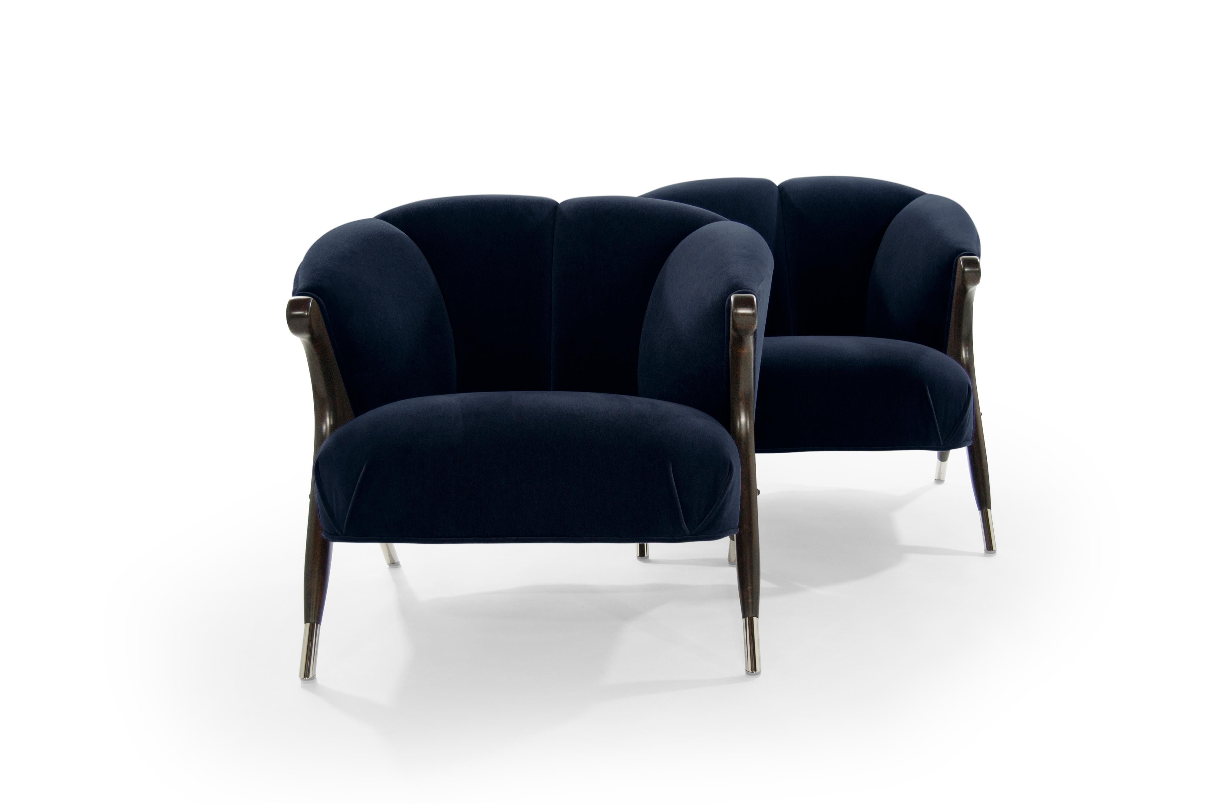 Nickel Modernist Karpen Lounge Chairs in Navy Velvet, 1950s