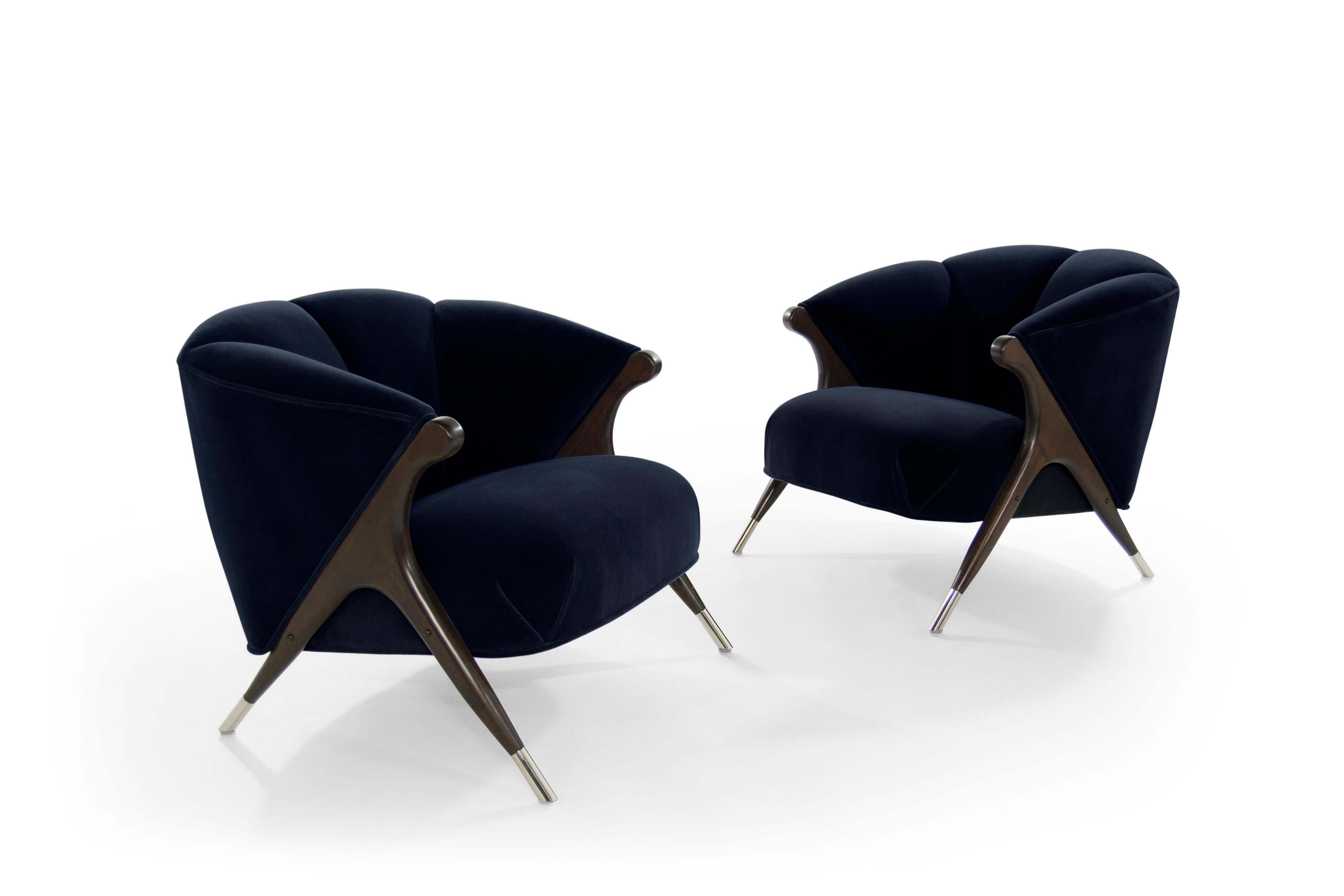 20th Century Modernist Karpen Lounge Chairs in Navy Velvet, 1950s
