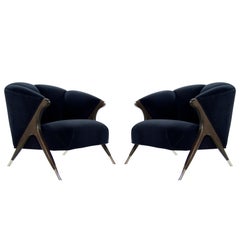 Modernist Karpen Lounge Chairs in Navy Velvet, 1950s