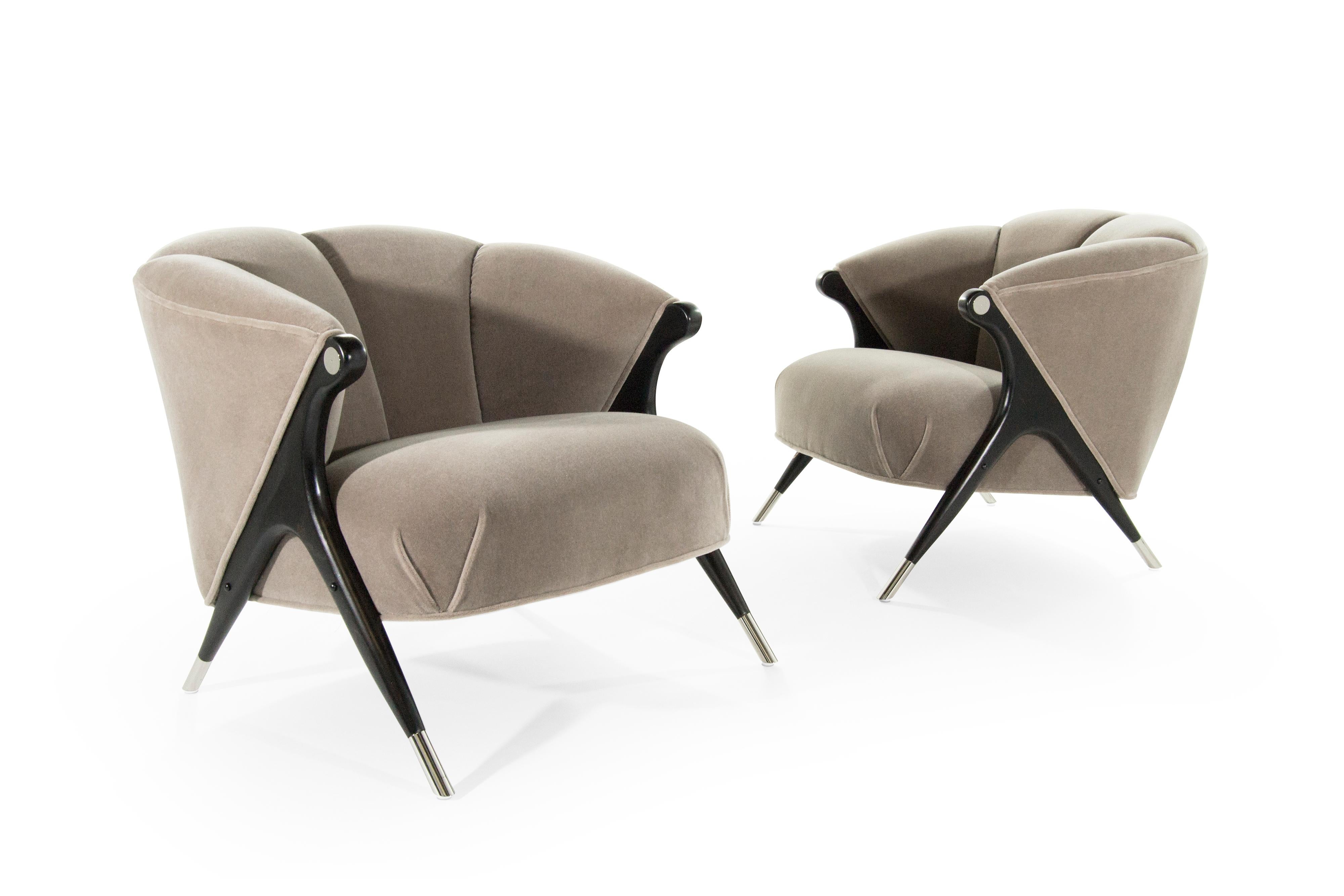 Brass Modernist Karpen Lounge Chairs in Taupe Mohair, 1950s