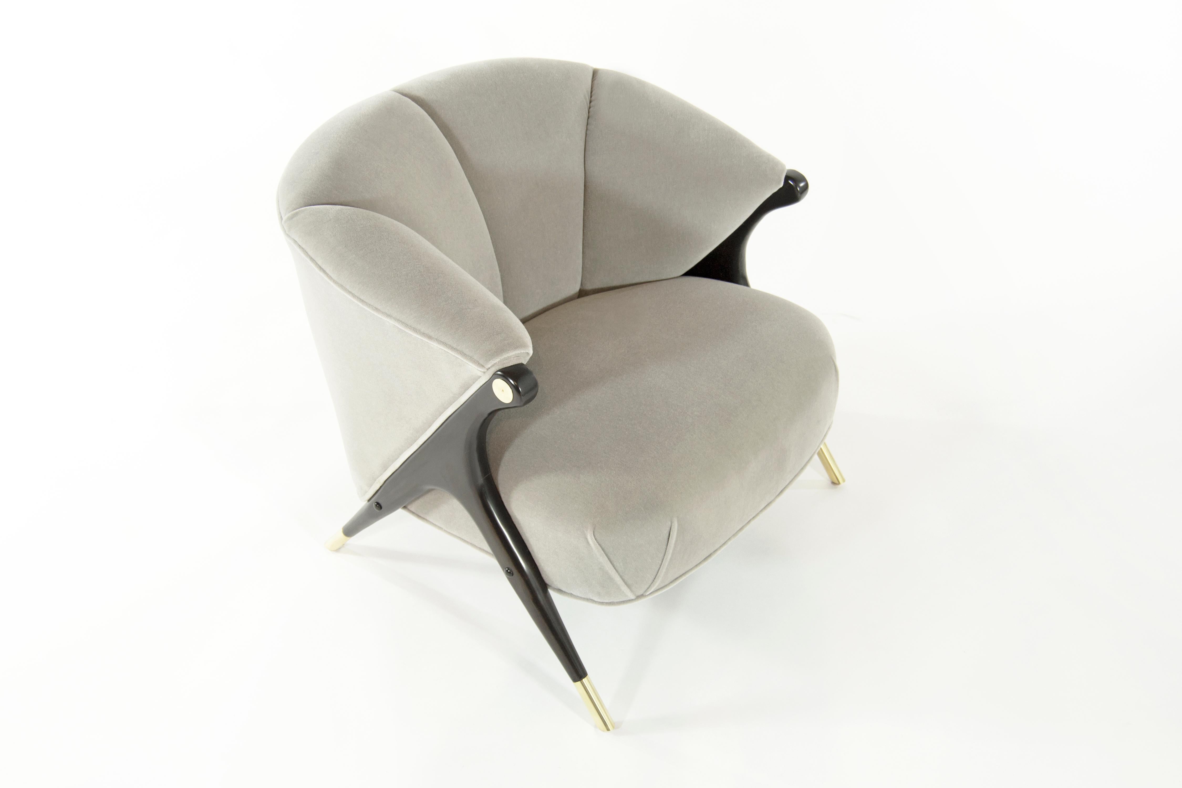 Brass Modernist Karpen Lounge Chairs in Grey Alpaca Velvet, 1950s