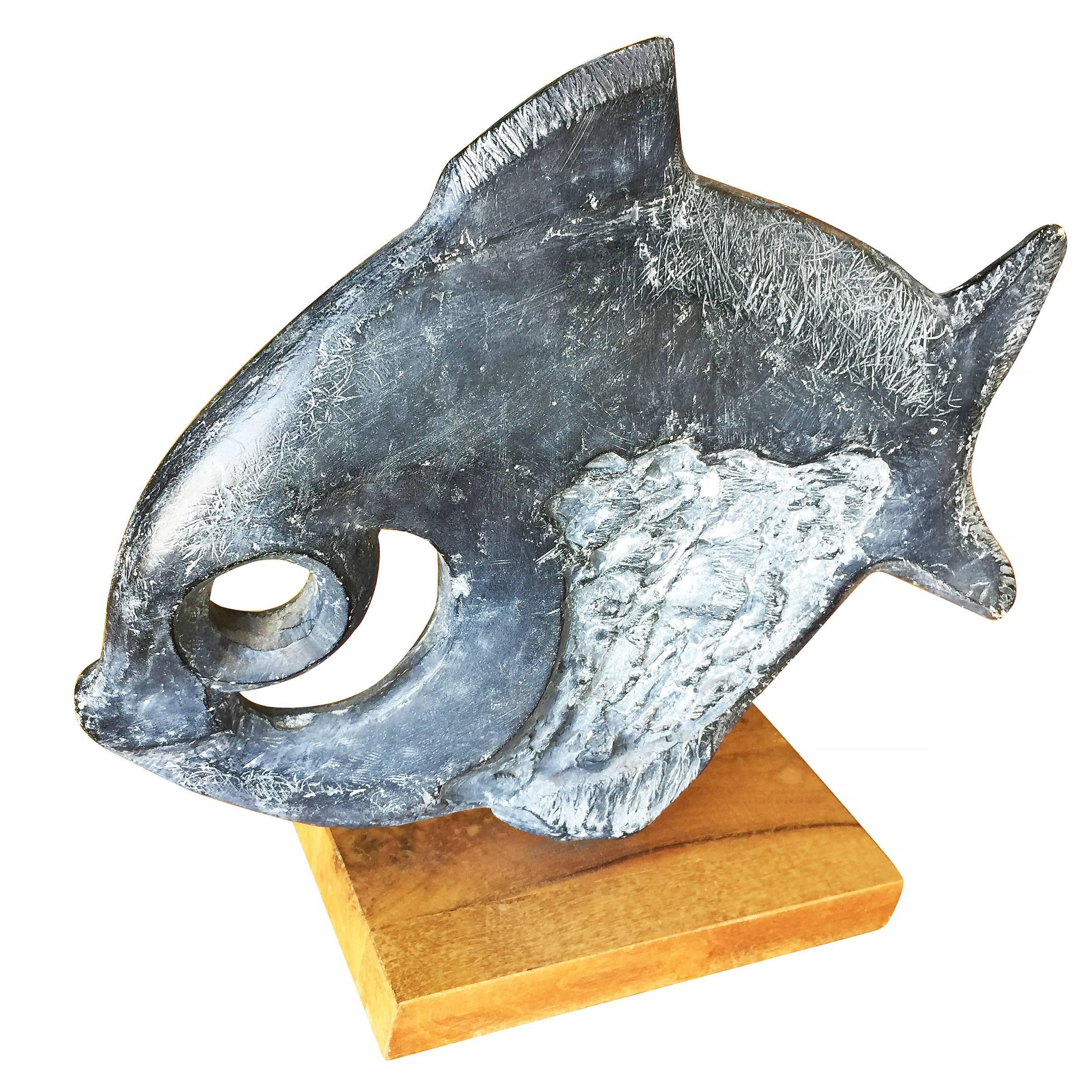 Clay Modernist Klara Sever for Austin Productions Black Abstract Fish Sculpture