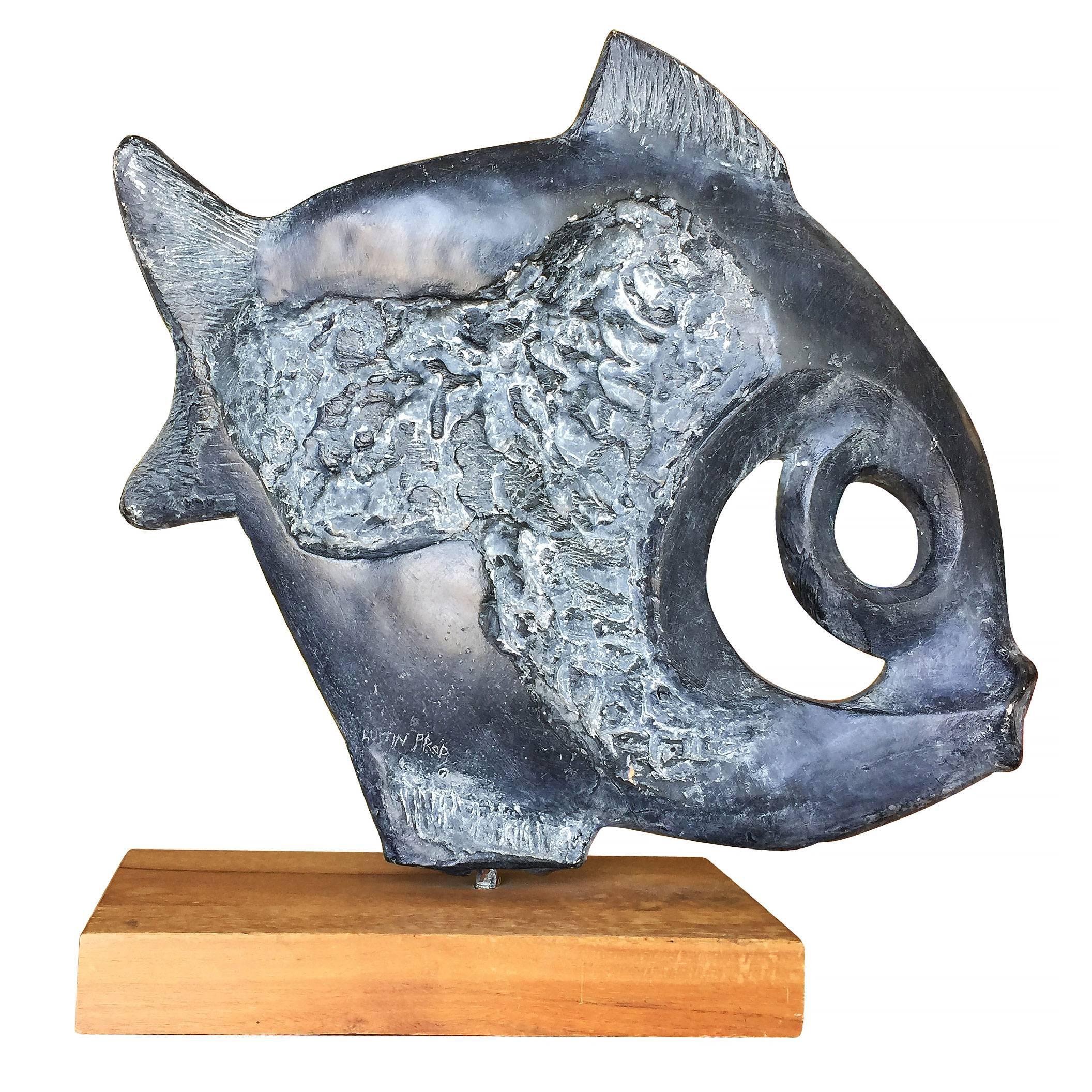American Modernist Klara Sever for Austin Productions Black Abstract Fish Sculpture