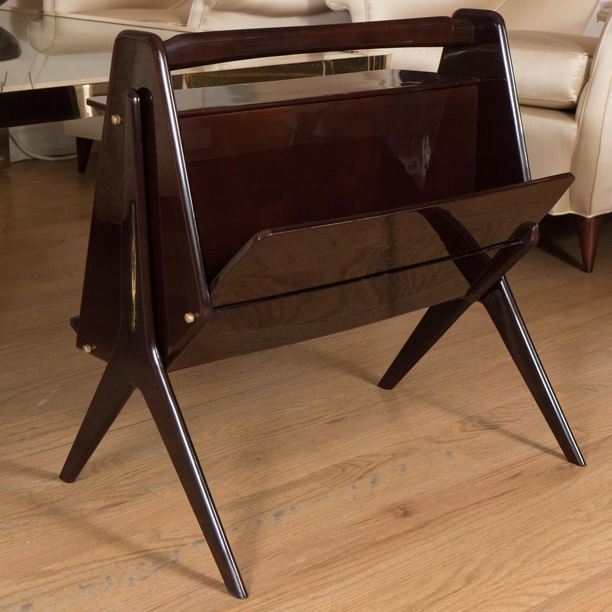 Modernist lacquered wood end table with brass details.