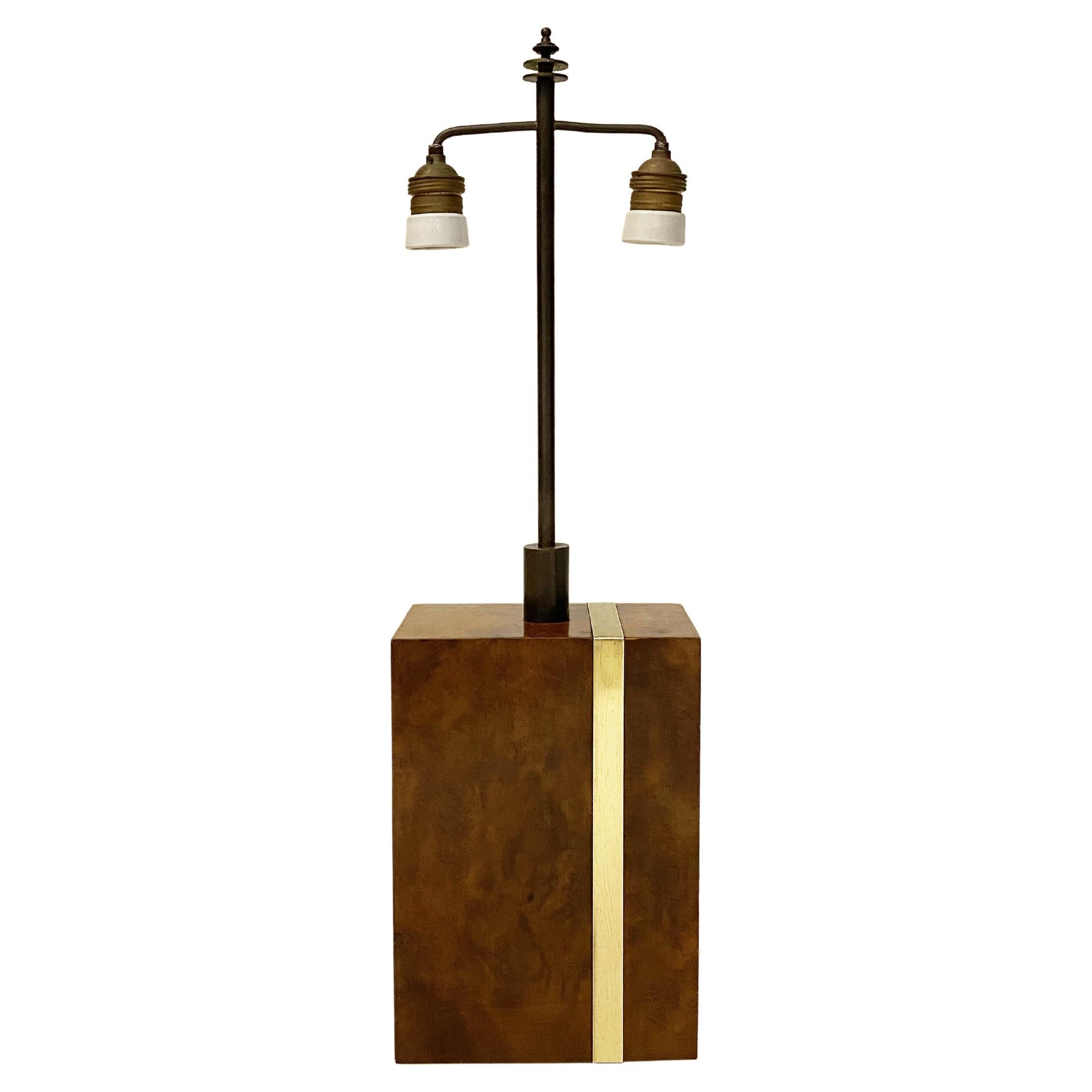 Modernist Lamp in Thuya Burl Wood and Brass, in the Style of Willy Rizzo, 1970s
