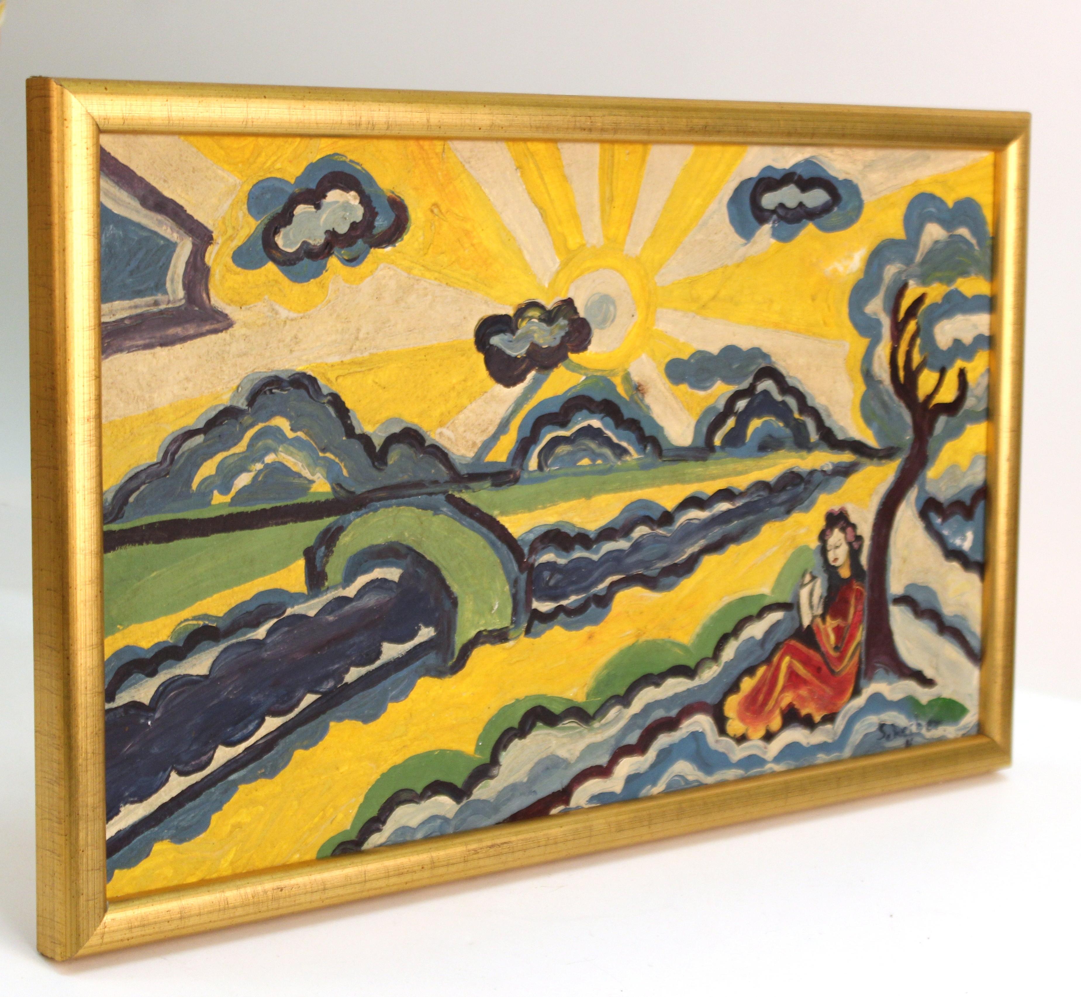 Tableau de paysage moderniste représentant une femme lisant au soleil, attribué au peintre moderniste hongrois Hugo Scheiber (1873 - 1950). L'œuvre, exécutée sur toile et encadrée dans un cadre en bois doré, date probablement du début du XXe siècle
