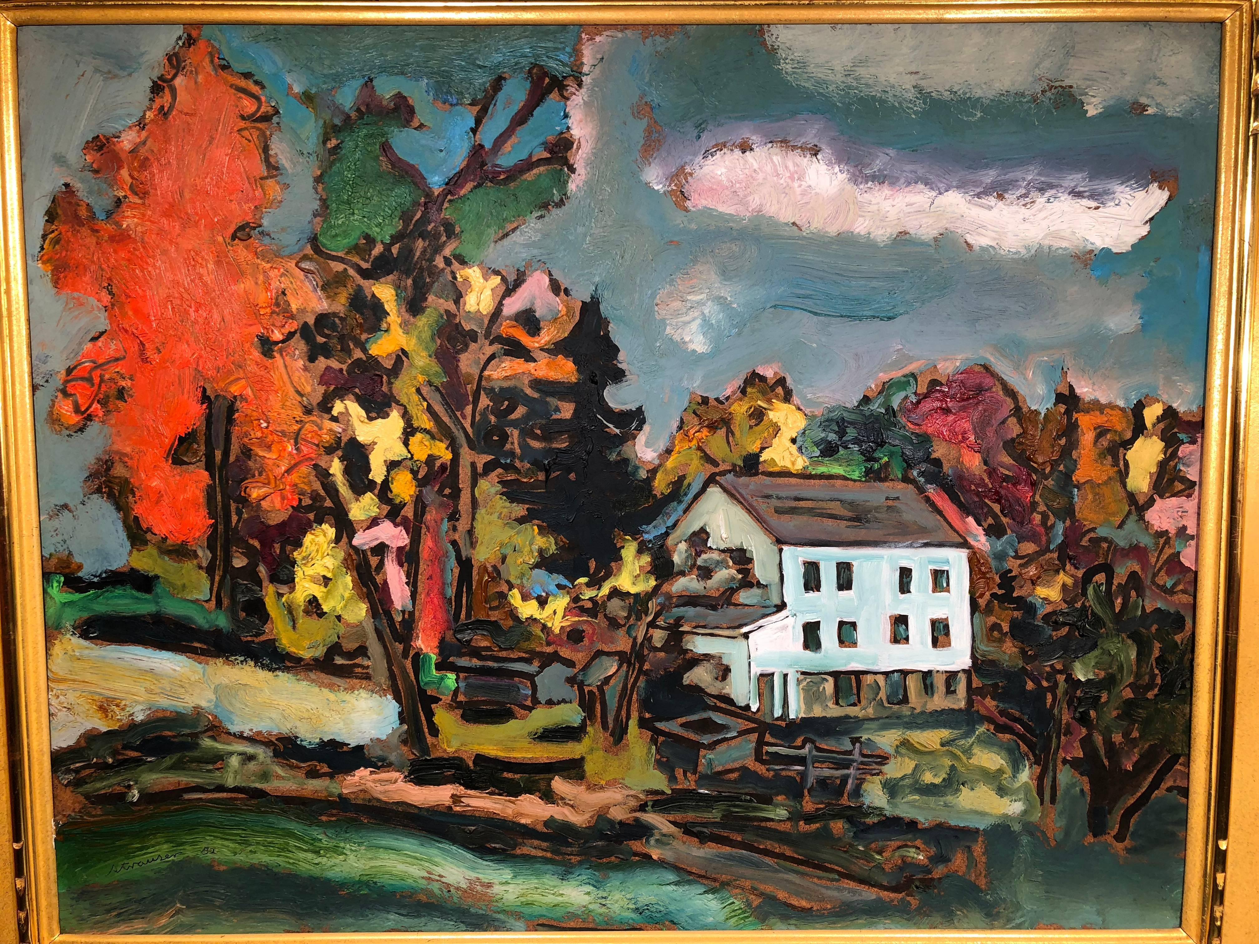 Modernist landscape painting by Sterling Strauser signed and dated rare landscape measure: 29