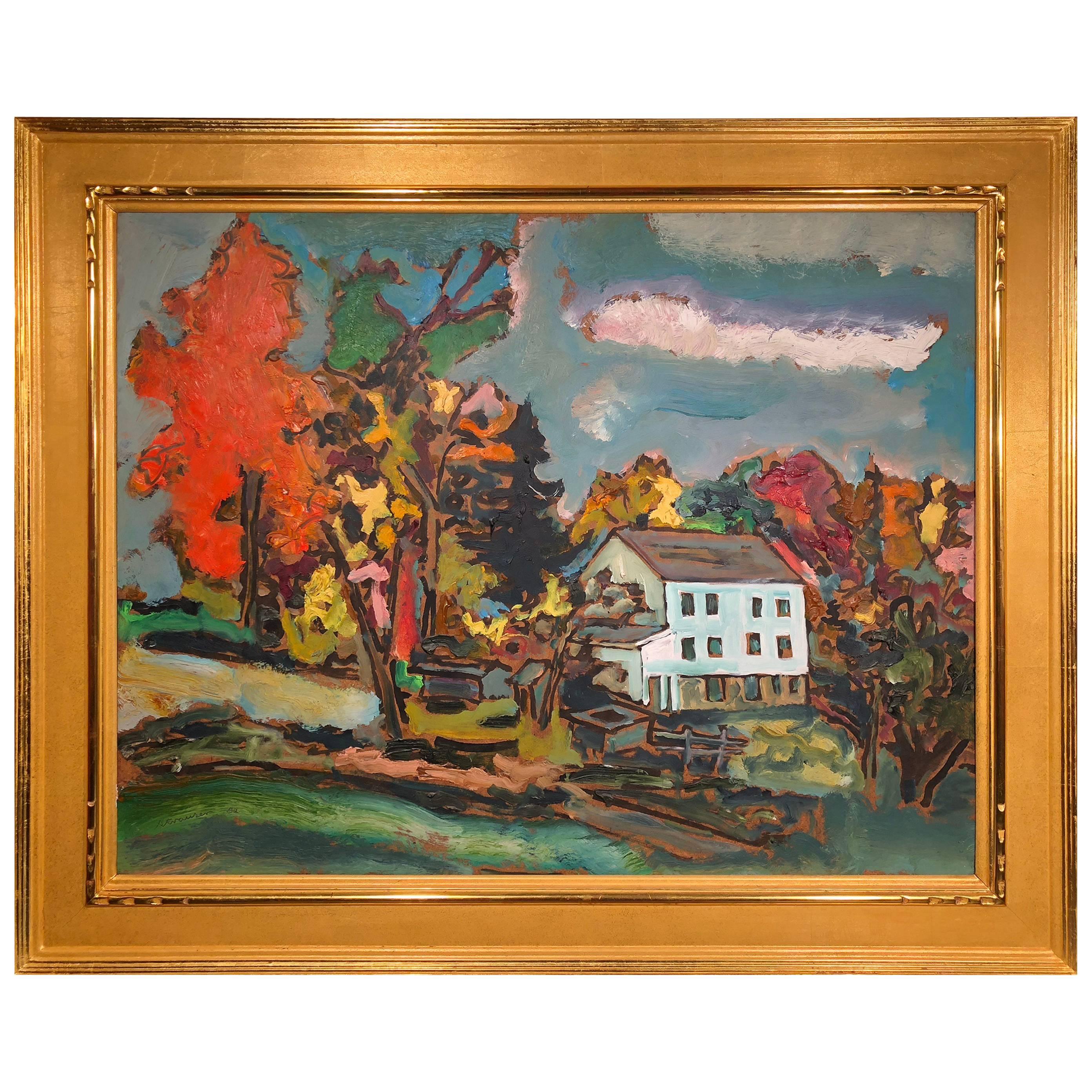 Modernist Landscape Painting by Sterling Strauser Oil on Board For Sale