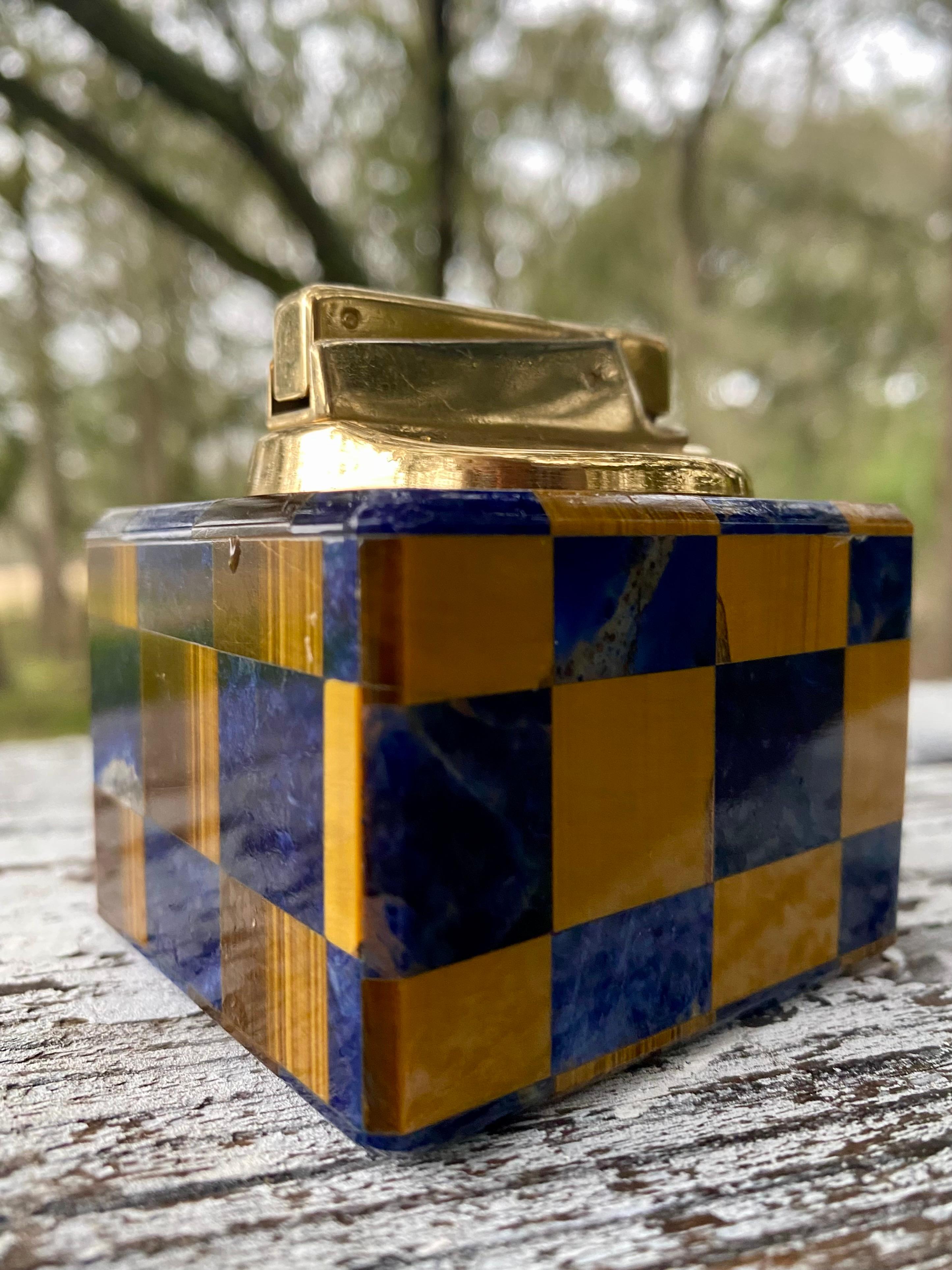 Modernist Lapis + Tiger Eye Gemstone Table Lighter 3