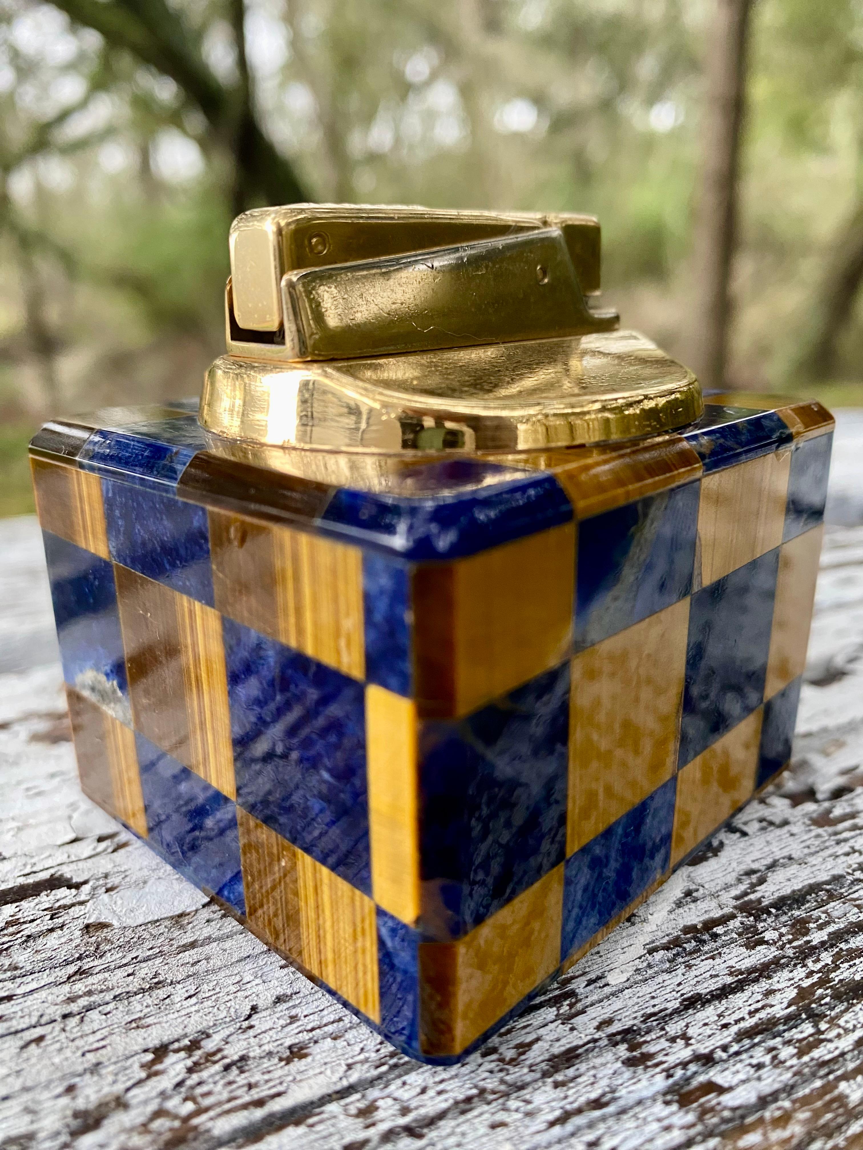 Mid-Century Modern Modernist Lapis + Tiger Eye Gemstone Table Lighter