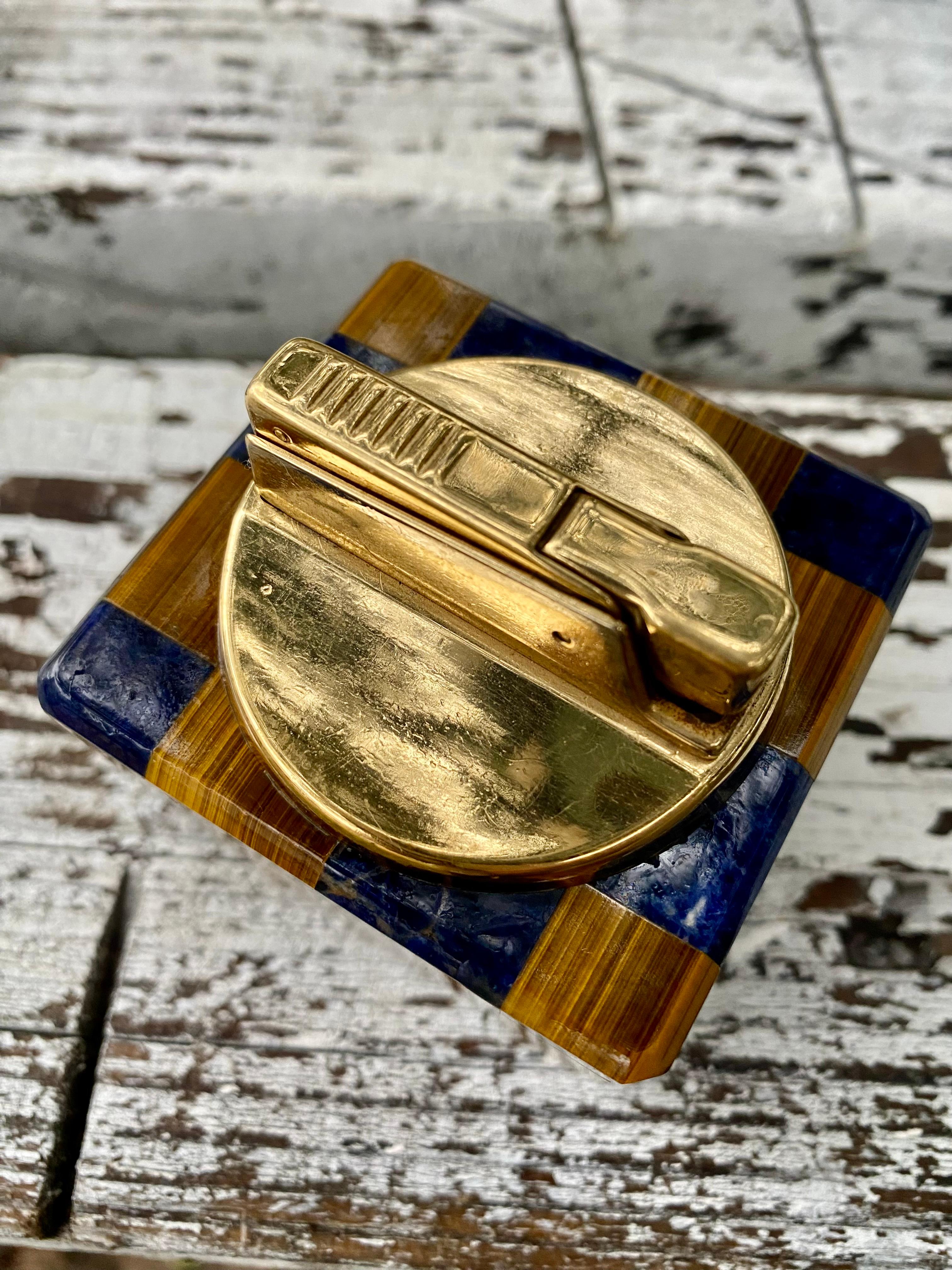 Hand-Crafted Modernist Lapis + Tiger Eye Gemstone Table Lighter