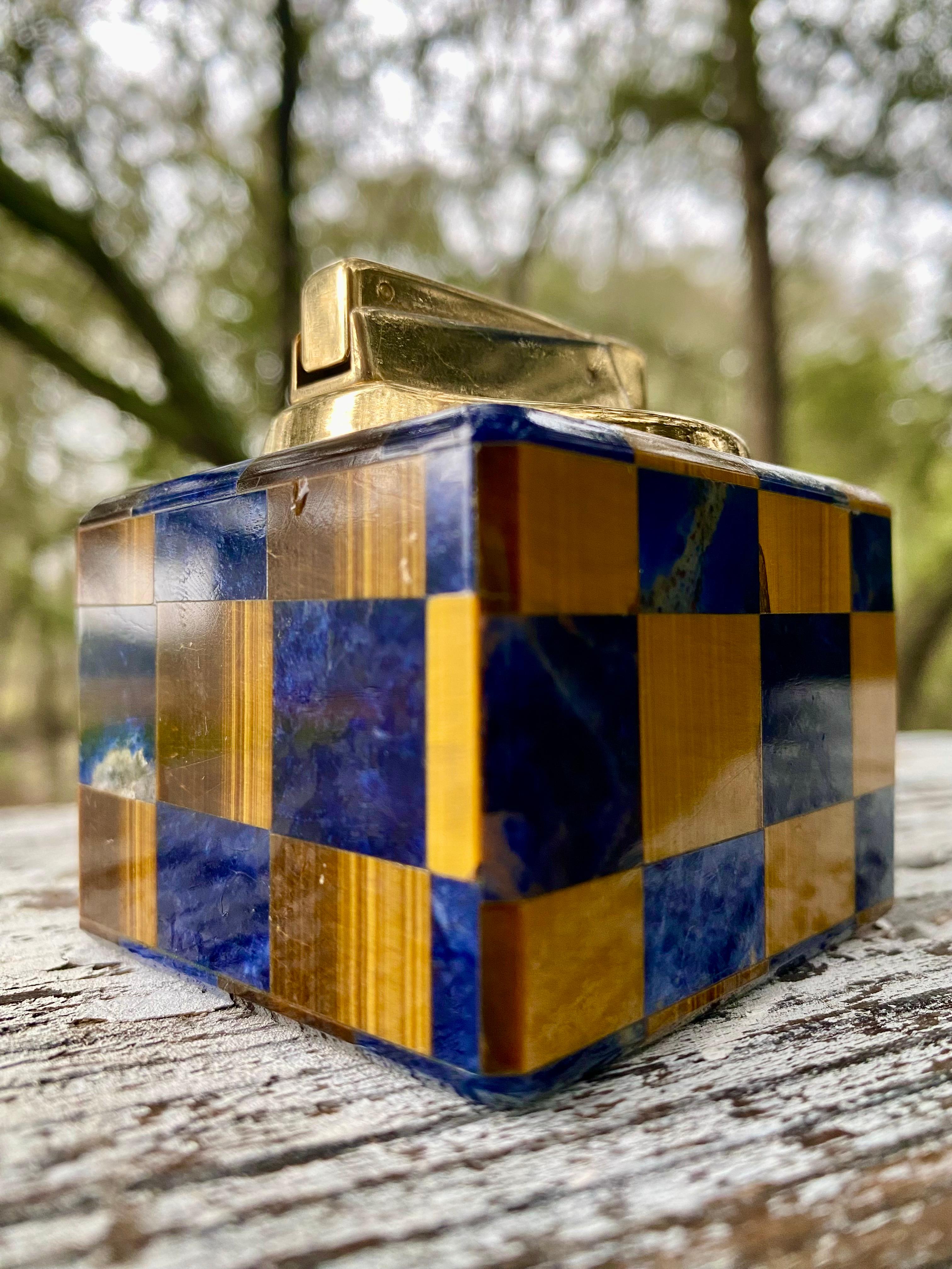 Modernist Lapis + Tiger Eye Gemstone Table Lighter In Good Condition In Round Top, TX